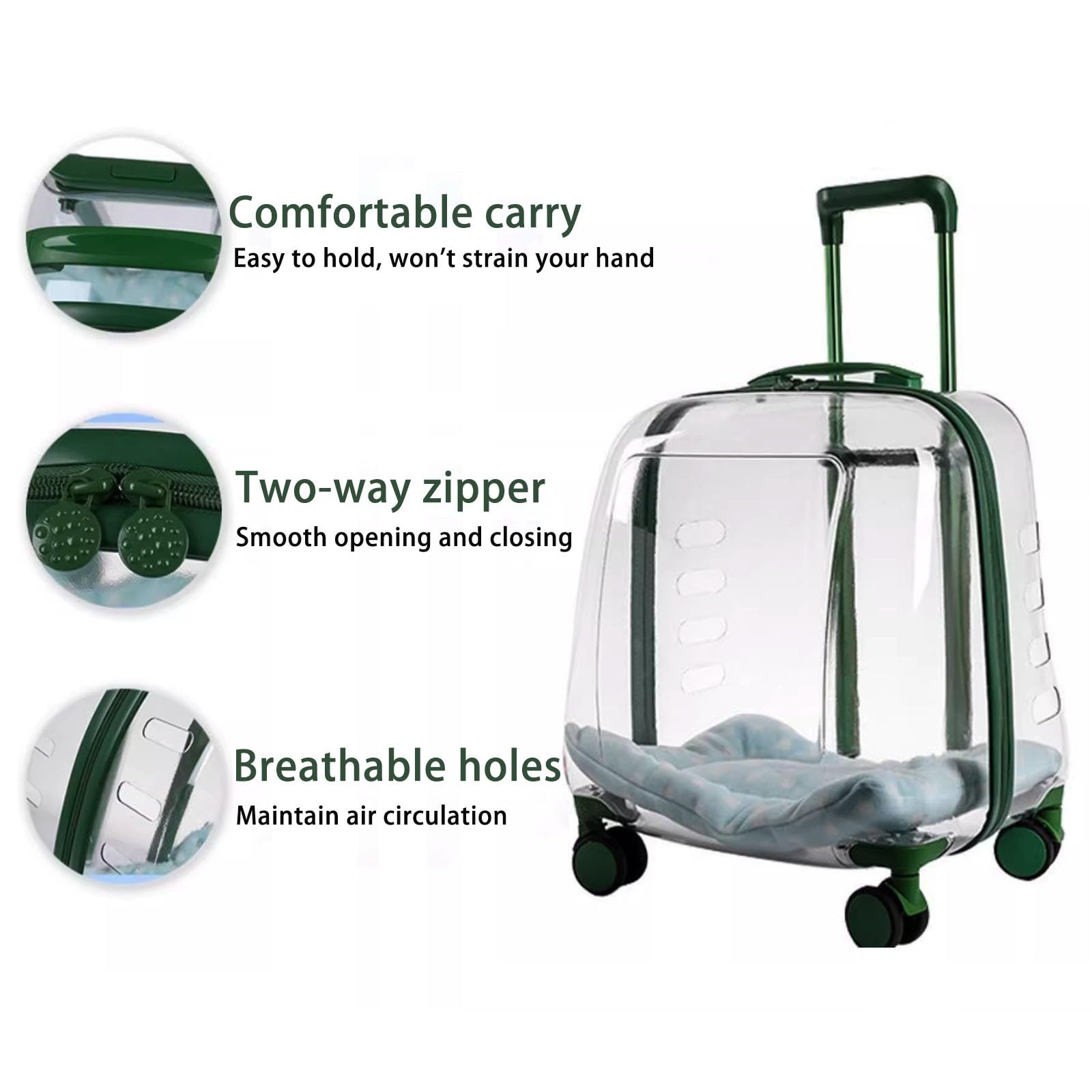 Maleta Portátil con Ruedas Cápsula Espacial Transpirable Maleta para Gatos Gran Capacidad, Mochila para Gatos Transparente (Color : Green Translucent)