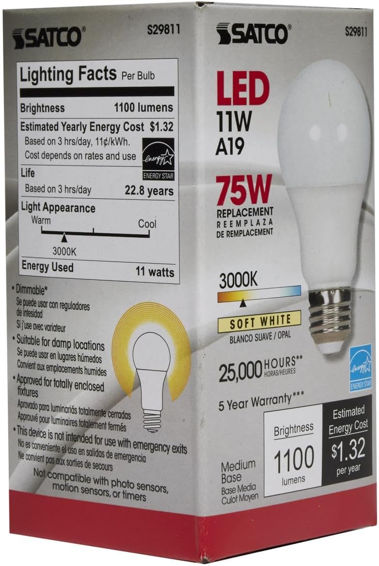 Satco Lighting 11 Watt A19 LED Dimmable Frosted Light Bulbs - 3000K Soft White - E26 Medium Base - 1100 Lumens - 220 Degree Beam Angle - 120 Volts - Damp Location (6 Pack)
