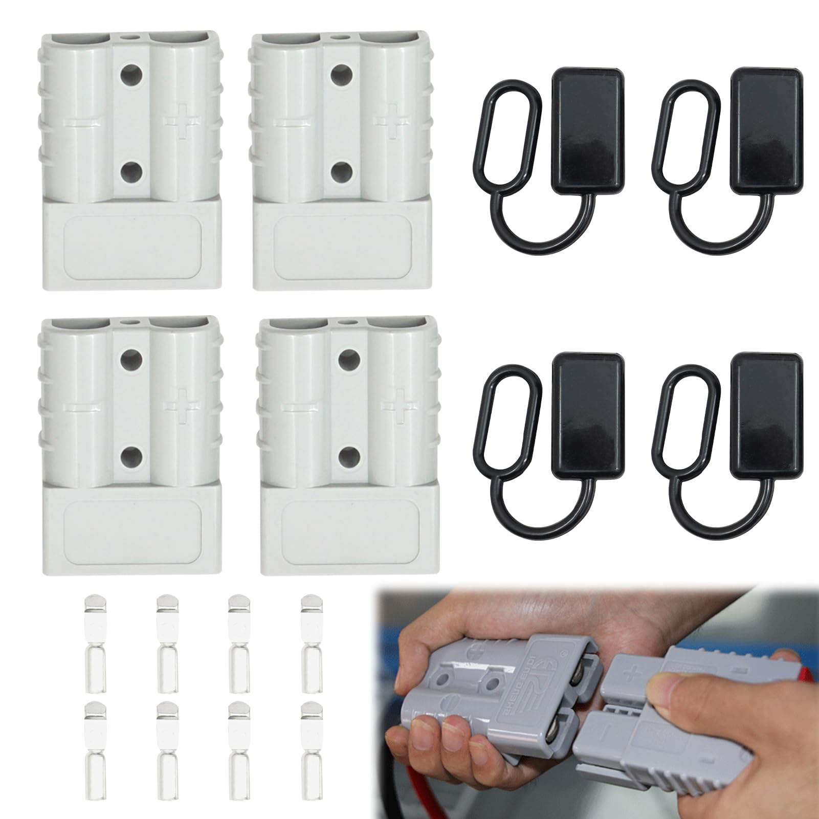 4PCS Connettori di Alimentazione 50A 600V, Connettore per Batteria Connessione Rapidam, mit Capicorda Elettrici, Spinotti Elettrici, per Auto, Rimorchio, Trailer, Verricello (grigio)
