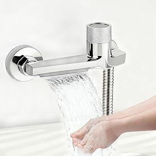 Comprar Grifo de bañera cascada con termostato de 2 salidas, grifo de ducha con botón de seguridad, grifo mezclador para bañera y ducha, montaje en pared, grifería para bañera y baño, cromado