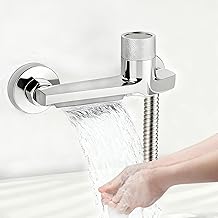 Waterfall Bathtub Faucet with 2 Outlet Thermostat, Shower Faucet with Safety Button, Tub and Shower Mixer Tap, Wall Mounted Bathtub and Bathroom Faucets, Chrome