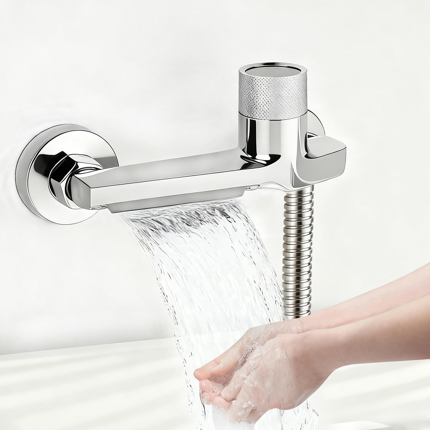 Grifo de bañera cascada con termostato de 2 salidas, grifo de ducha con botón de seguridad, grifo mezclador para bañera y ducha, montaje en pared, grifería para bañera y baño, cromado