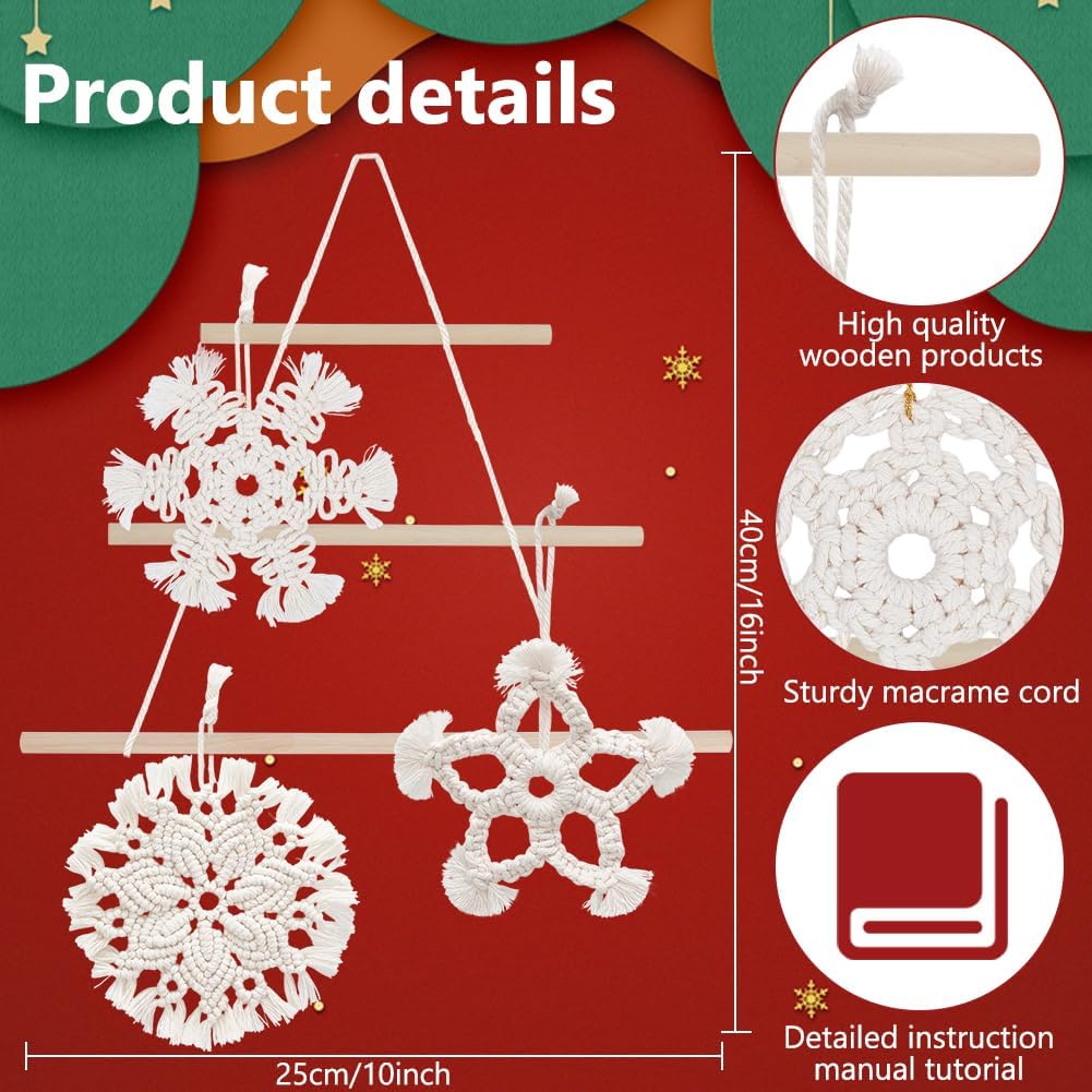 INFUNLY Set of 3 DIY Macrame Snowflake Ornament Christmas Macrame Wall Hanging Kit Boho White Handmade Macrame Wall Art Vintage Macrame Making Kit with Instruction for Winter Home Wedding Party Decor