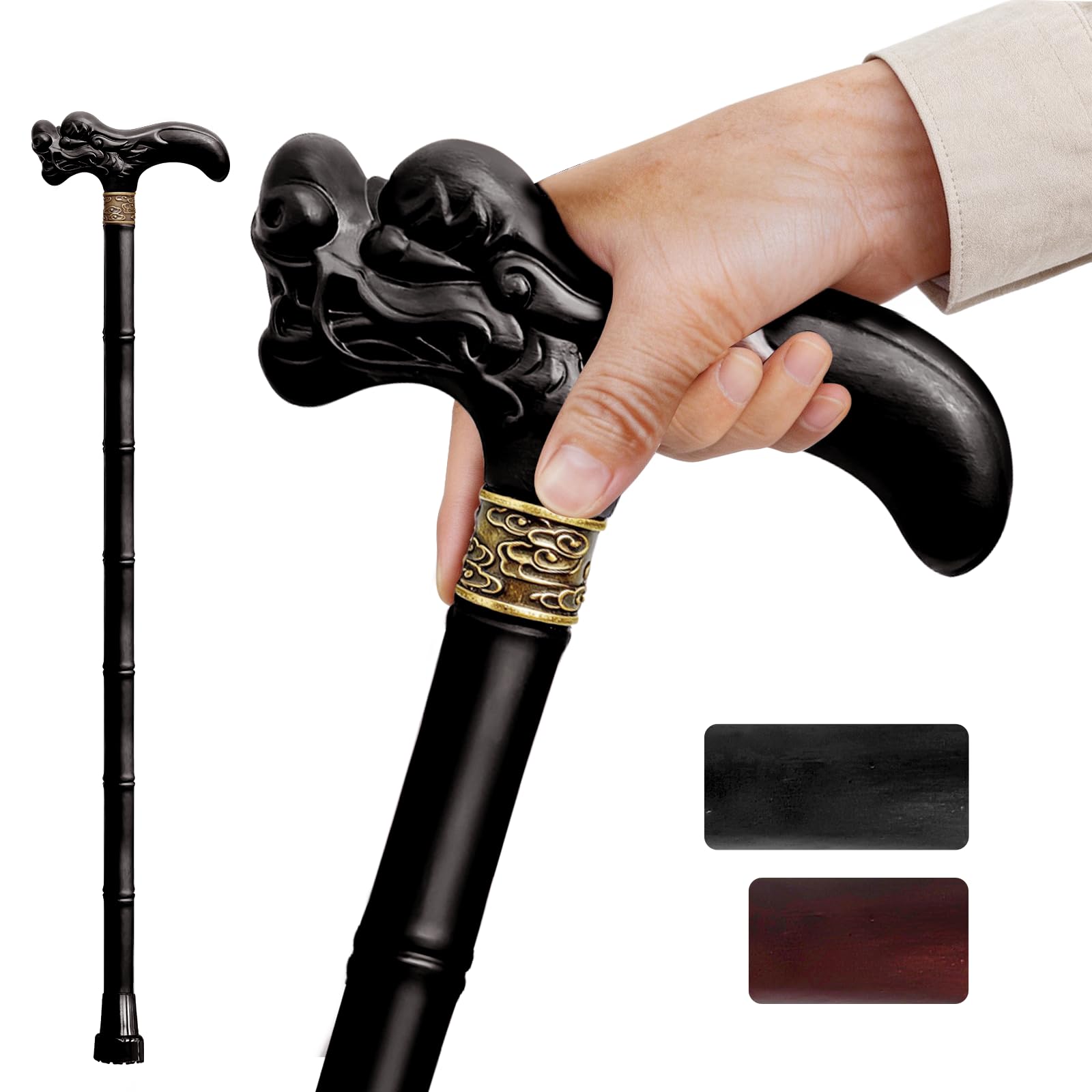ispuoocti Wooden Walking Cane 3D Carved Dragon Cane 33–39 Inches Available