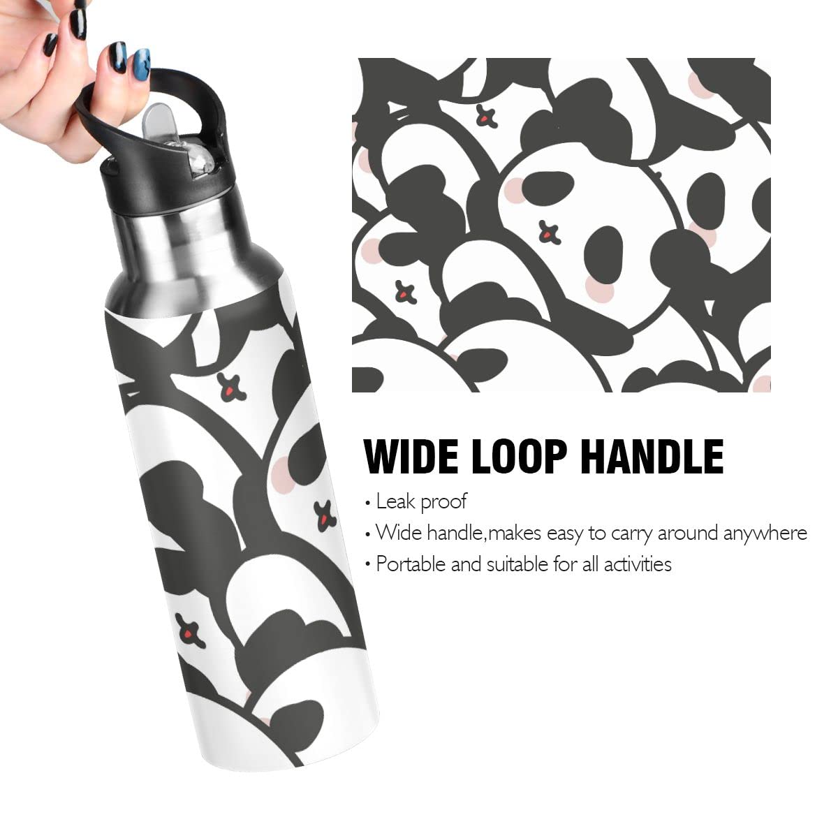 Edelstahl Wasserflasche mit Strohhalm, schöne Kawaii Panda isolierte Trinkflasche Sport Wasserflasche für Kinder Erwachsene, auslaufsicher, 1L