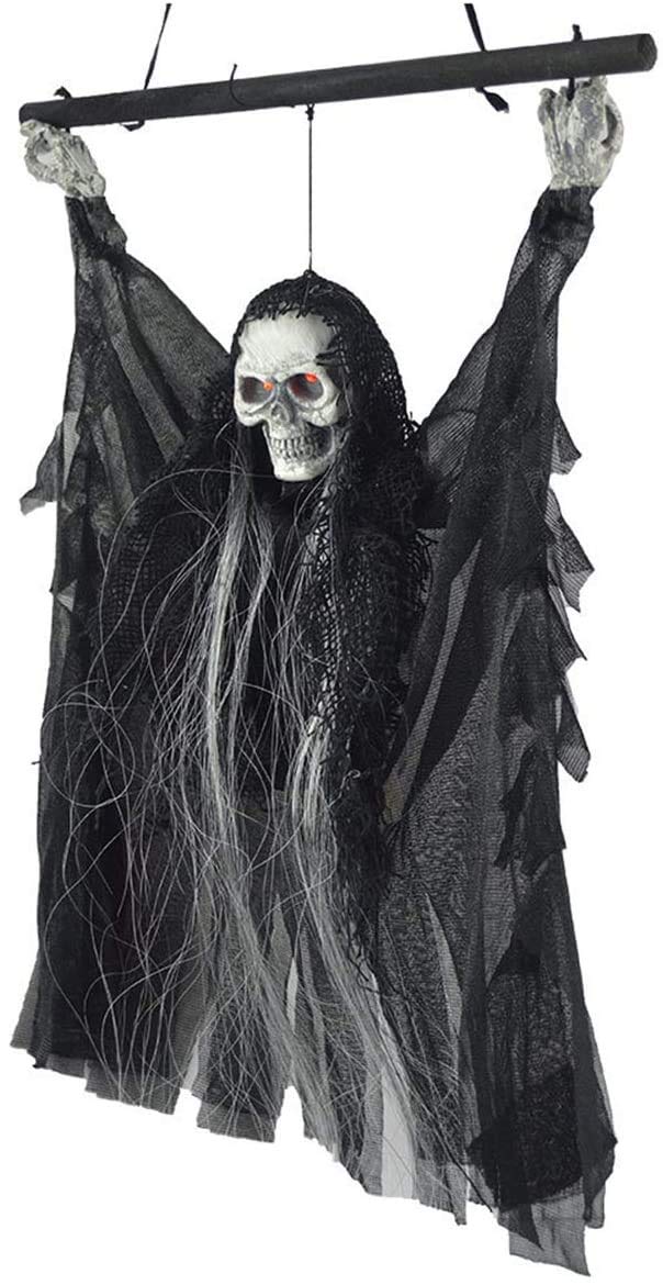 Halloween Decoration Hanging Ghost Light Up Eyes Scary Voice Skull Props Decorations Small Hanging Bat with Wings Hanging Ghost Bar Room Horror Trick Props for Haunted House Bar Party