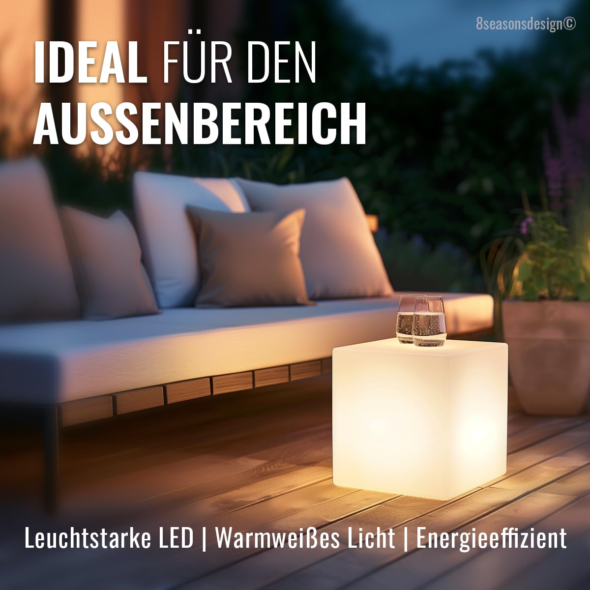 8 seasons design Shining Cube LED Würfel (33cm) weiß, E27, warmweißes Licht, Leuchtwürfel für außen und innen, Würfelleuchte als Deko, Tisch oder Hocker