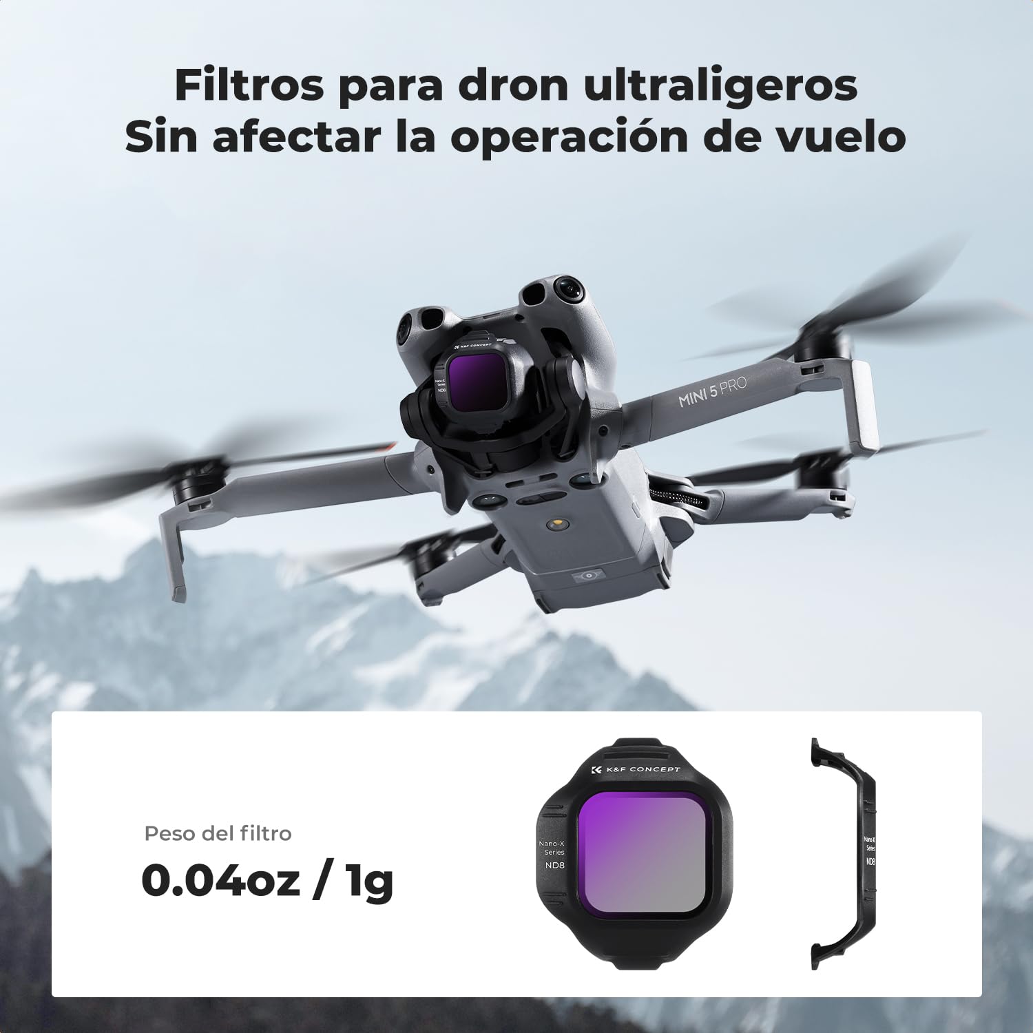 K&F CONCEPT Kit de 6 Filtros (CPL/ND8/ND16/ND32/ND64/ND128) HD para dji Mini 5 Pro - Lente HD Antirreflejos, Impermeable, Incluye Paño de Limpieza