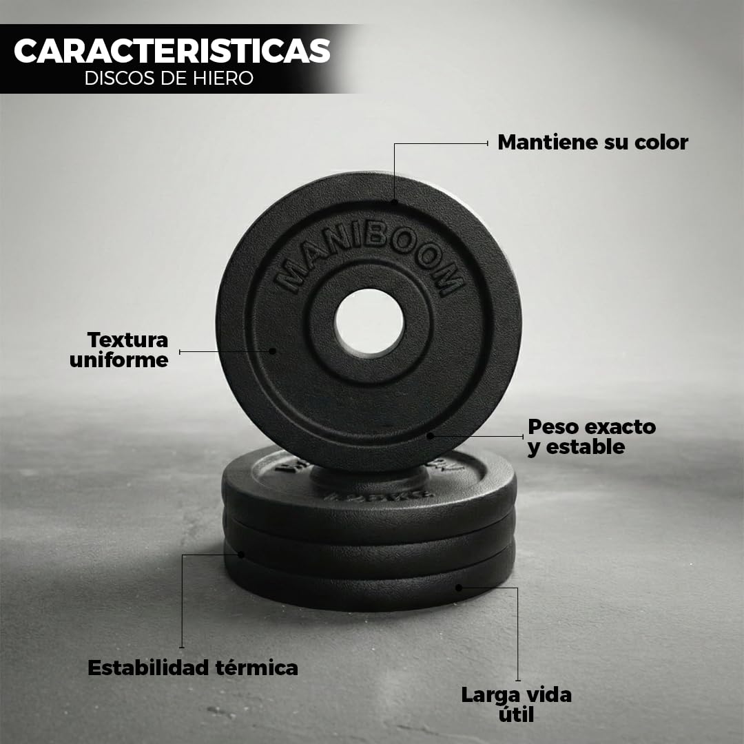 ManiBoom Discos de Pesas de Hierro Fundido (25mm) y Accesorios de Musculación – Sets de Placas y Barras para Gimnasio en Casa (Se Venden por Separado)