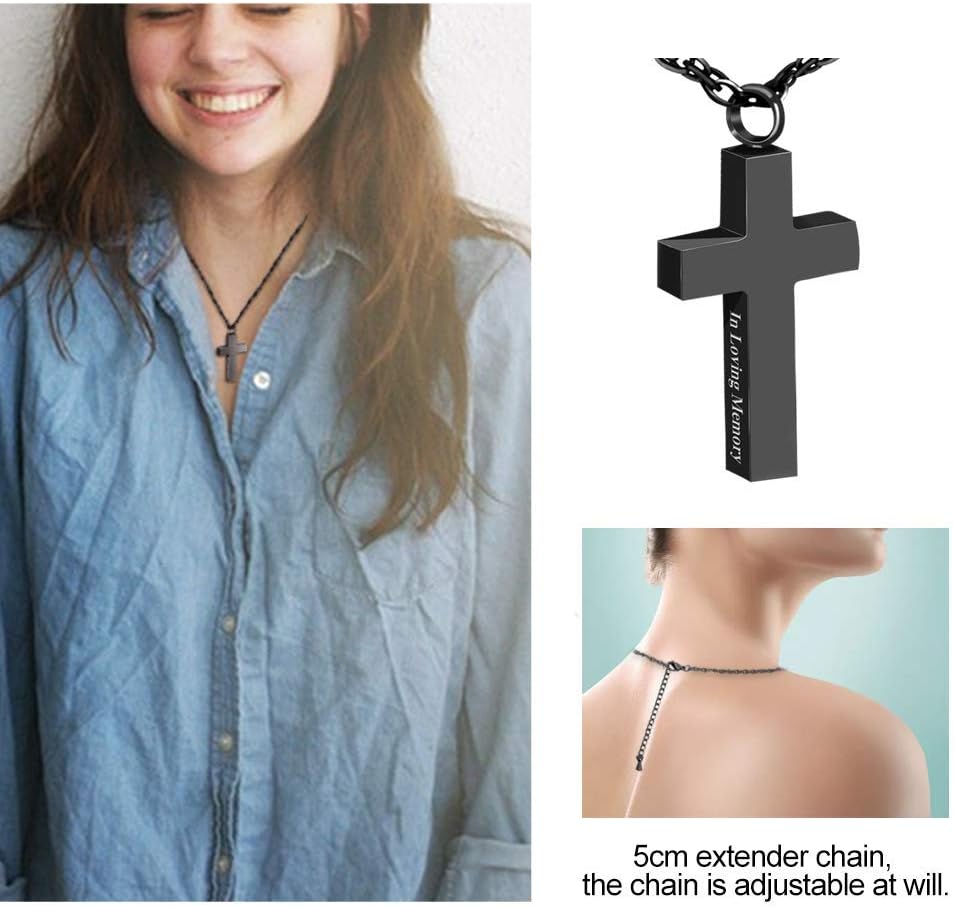 Mini Cremation Urns for Ashes Cremation Cross Necklace for Ashes Stainless Steel Cross Urn Pendant Ashes Holder Memorial Jewelry-in Loving Memory(Black)