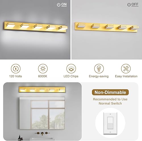 Miniatura 32 de Lámparas LED modernas para tocador (3 lámparas, 24 pulgadas), accesorios de iluminación para pared de baño acrílico dorado sobre espejo