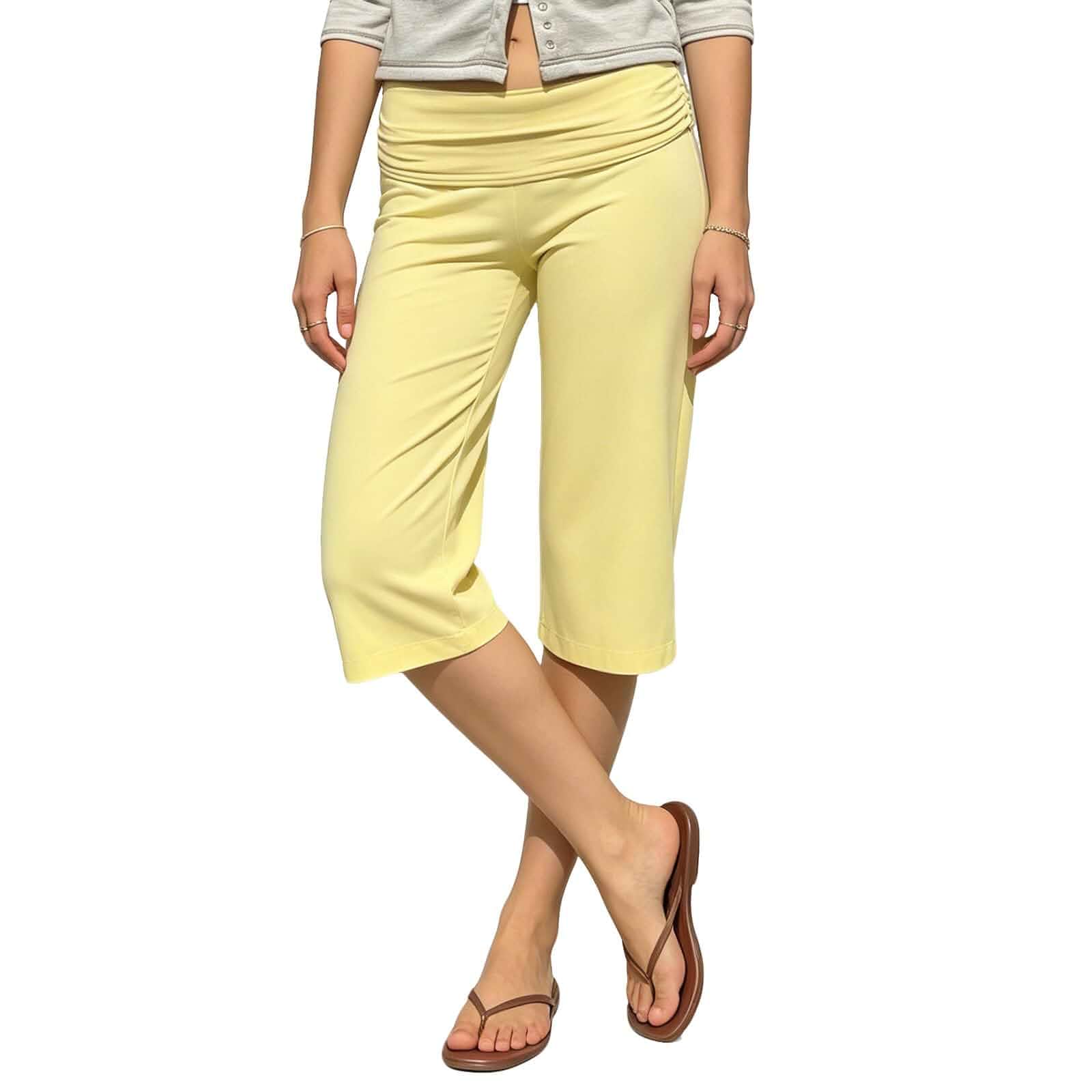 SUEER Women's Fold Over Capri Gaucho Pants Mid-Rise Elastic Waist Loose Fit Wide Leg Solid Color Casual Sweatpants