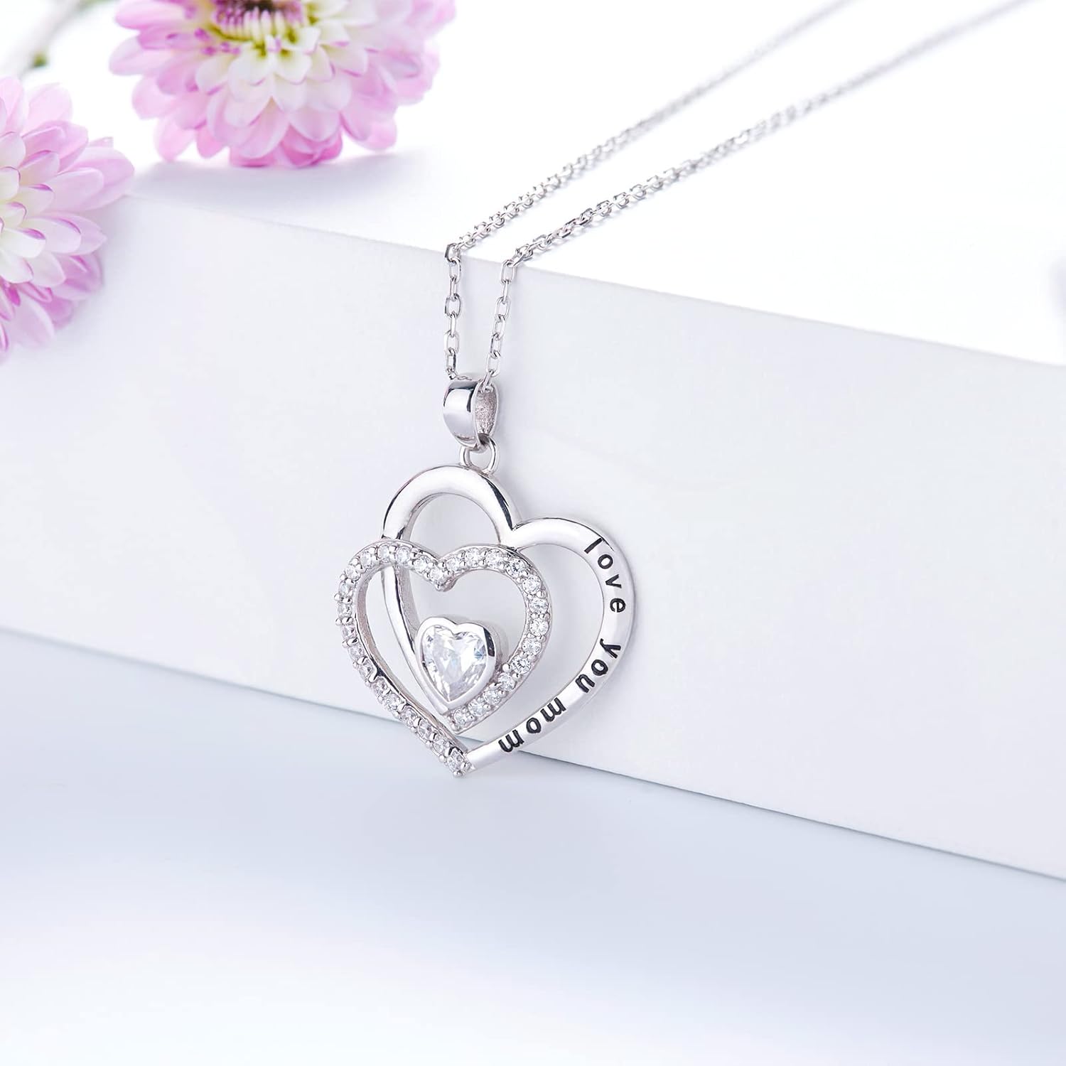 LANE WOODS Mom Necklace Mother Gifts from Daughter Son - 18K White Gold Plated 925 Sterling Silver Heart Engraved Pendant Necklaces Fine Jewelry