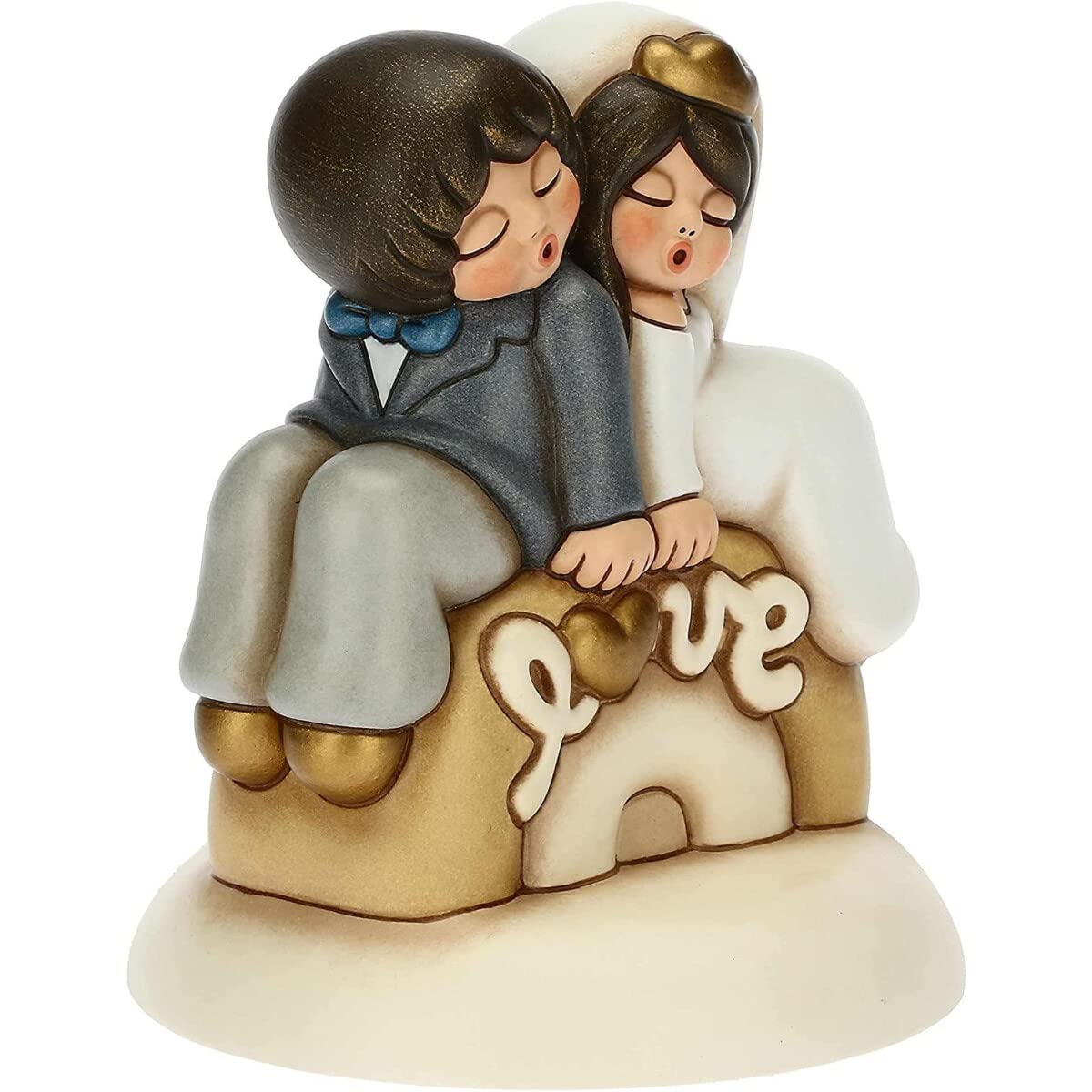 THUN, Bomboniera Matrimonio Top Cake Love con Sposini in Ceramica Decorata a Mano, Linea Bomboniere, 12x12x13.5 cm h