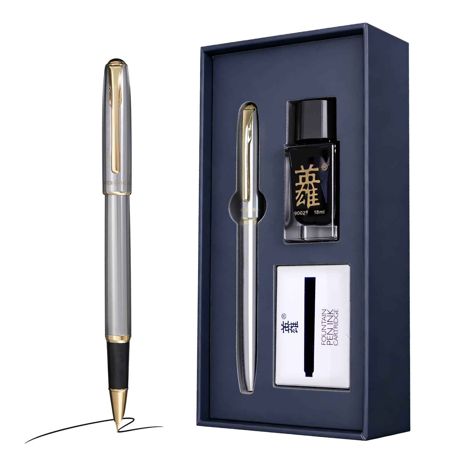 HERO Silver Fountain Pen, Extra Fine Nib, Smooth Writing Pen Set with 5 Ink Cartridges & 18ml Ink Bottle, Luxury Gift Box, Perfect for Journaling, Calligraphy & Daily Writing