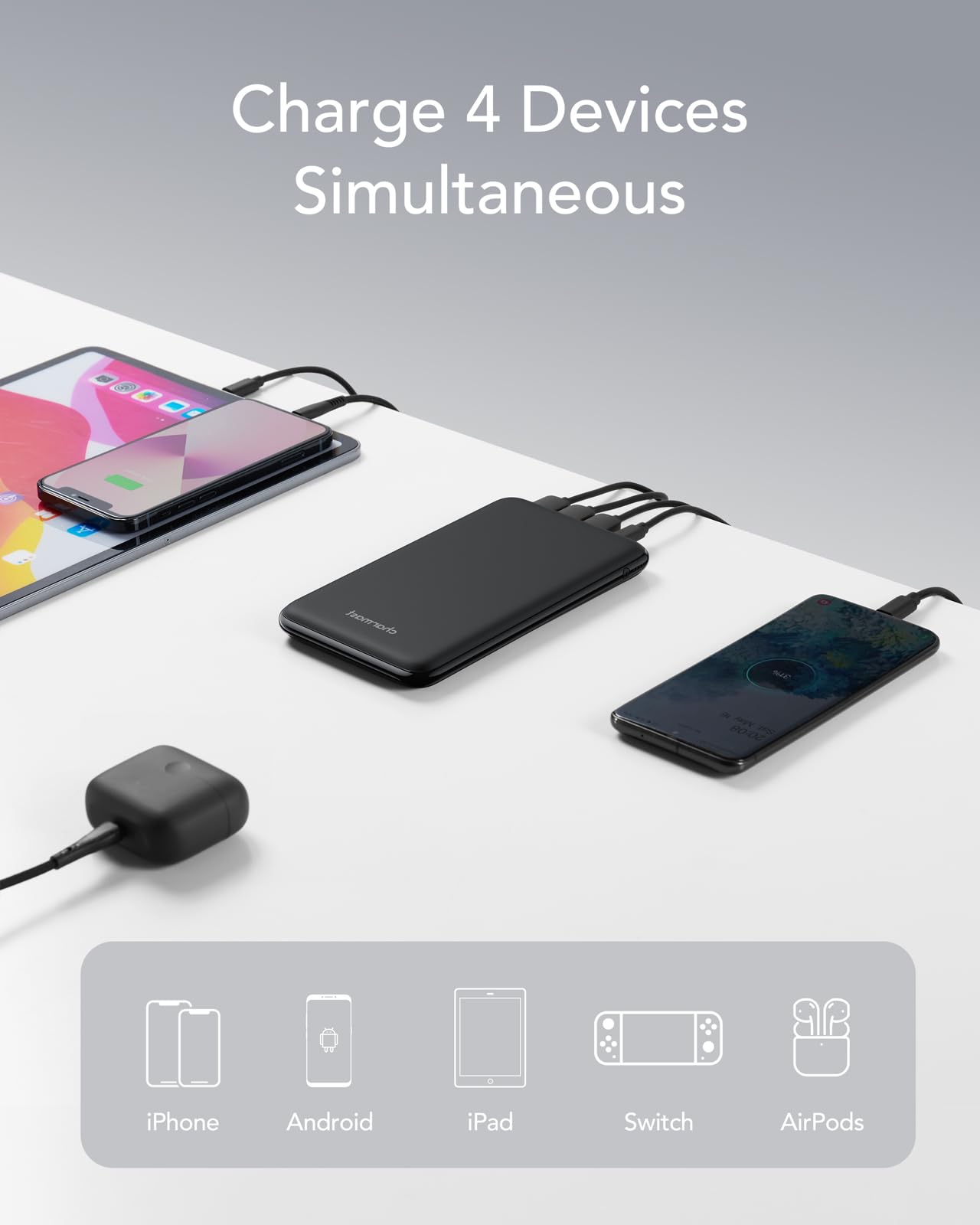 Charmast Power Bank 26800mAh, Caricatore Portatile USB C Powerbank Batteria Ultra Sottile con 3 Ingresso & 4 Uscita Compatibile con iPhone Samsung Huawei Xiaomi HONOR Smartphone Tablet (Nero)