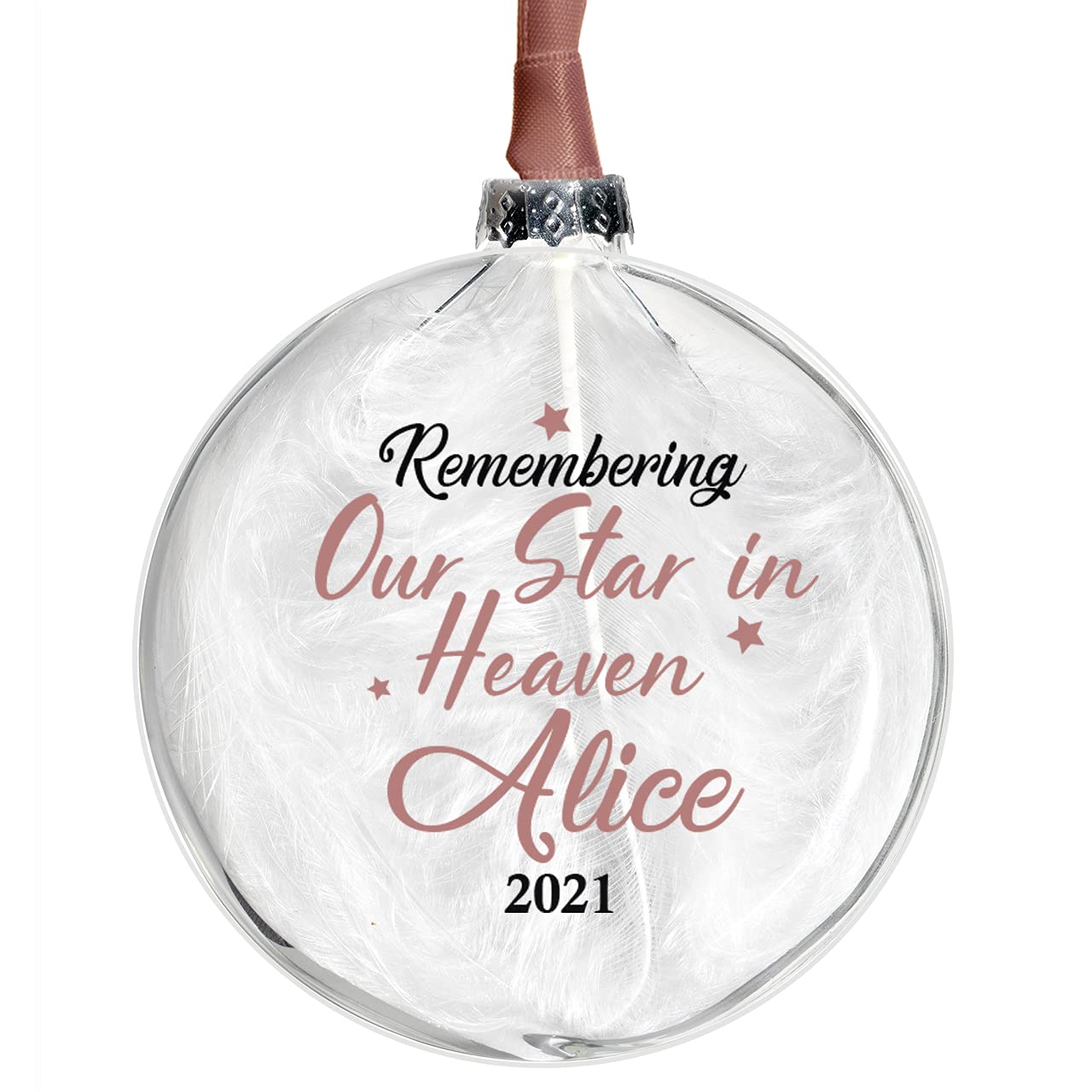 Personalised Memorial Bauble Glass In 10 Colours Filled With White Feather Remembering Our Star in Heaven Glass Christmas Tree Decoration (Rose Gold)