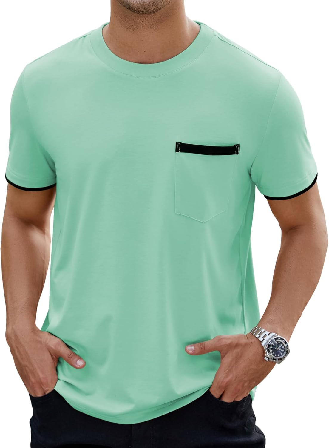 Hardaddy Men’s Color Block Pullover Crew Neck Short Sleeve Tee Shirts with Pocket