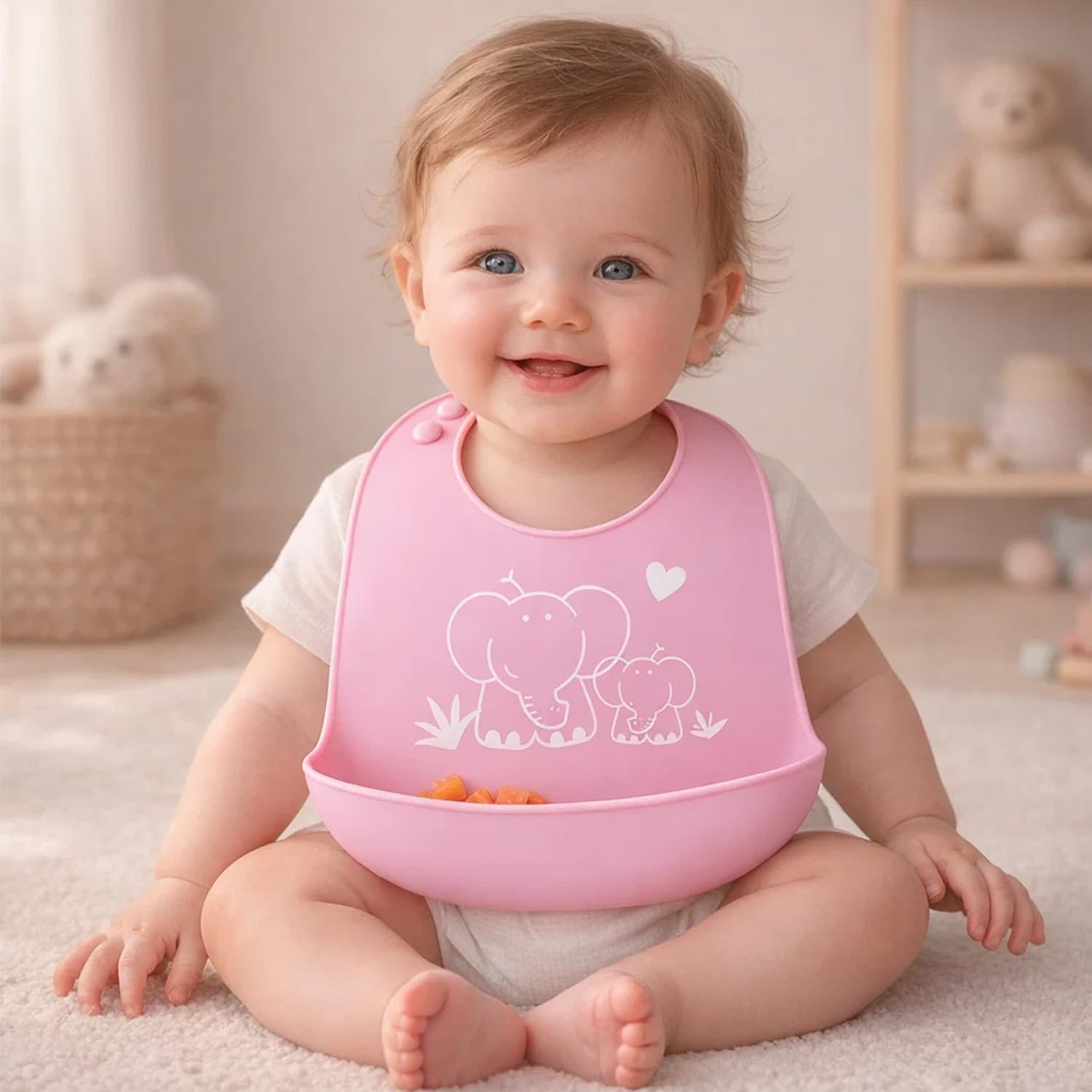 BabyGo Baby Silicone bibs | Baby Bib for Feeding & Weaning Babies & Toddlers | Waterproof, Washable & Reusable|Non Messy Easy Cleaning, Adjustable Neckline with Buttons (Pink)