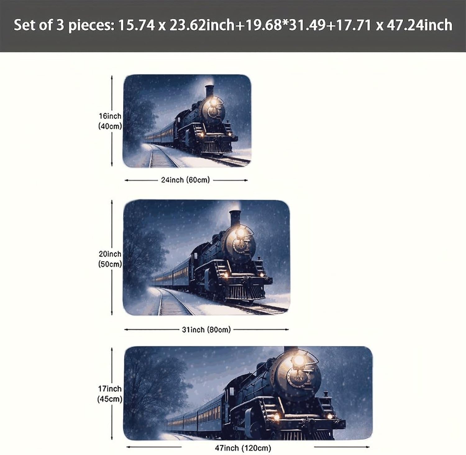 Winter Christmas Snow Night Railway Train Kitchen Mats for Floor 3 Pcs Kitchen Rugs