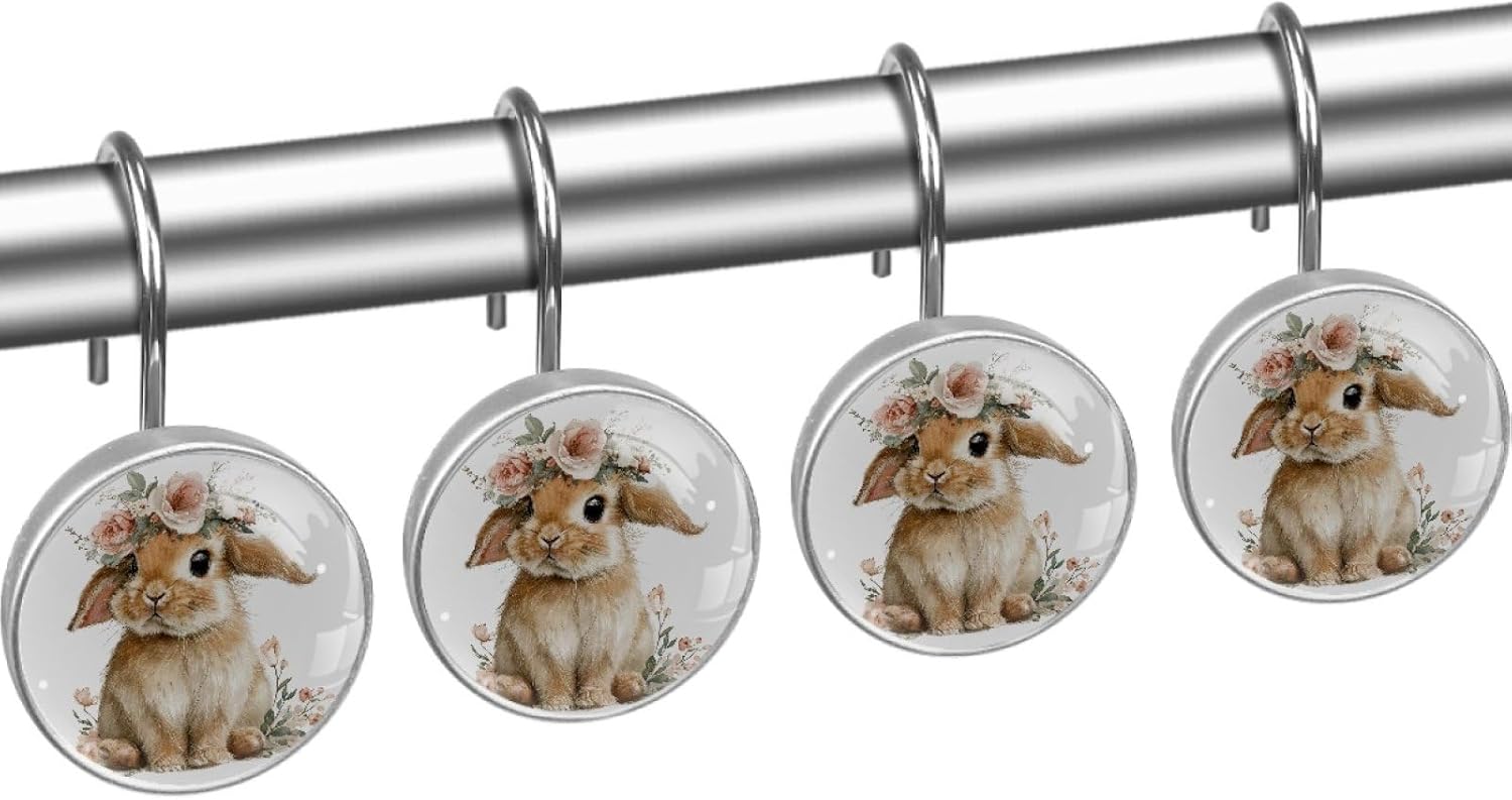 Cute Rabbits and Florals Rust Proof Shower Curtain Hooks 12Pcs for Bathroom Shower Rod, Decorative Shower Hooks Shower Curtain Hanger Rings Roller, Glass, Resin, Stainless Steel