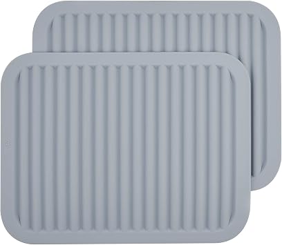 Silicone Trivets for Hot Dishes, Pots & Pans - Hot Pads for Kitchen, Flexible Small Drying Mat, Large 12x9 Pot Holders, Heat Resistant Quartz Countertop Mat Set of 2, Light Grey