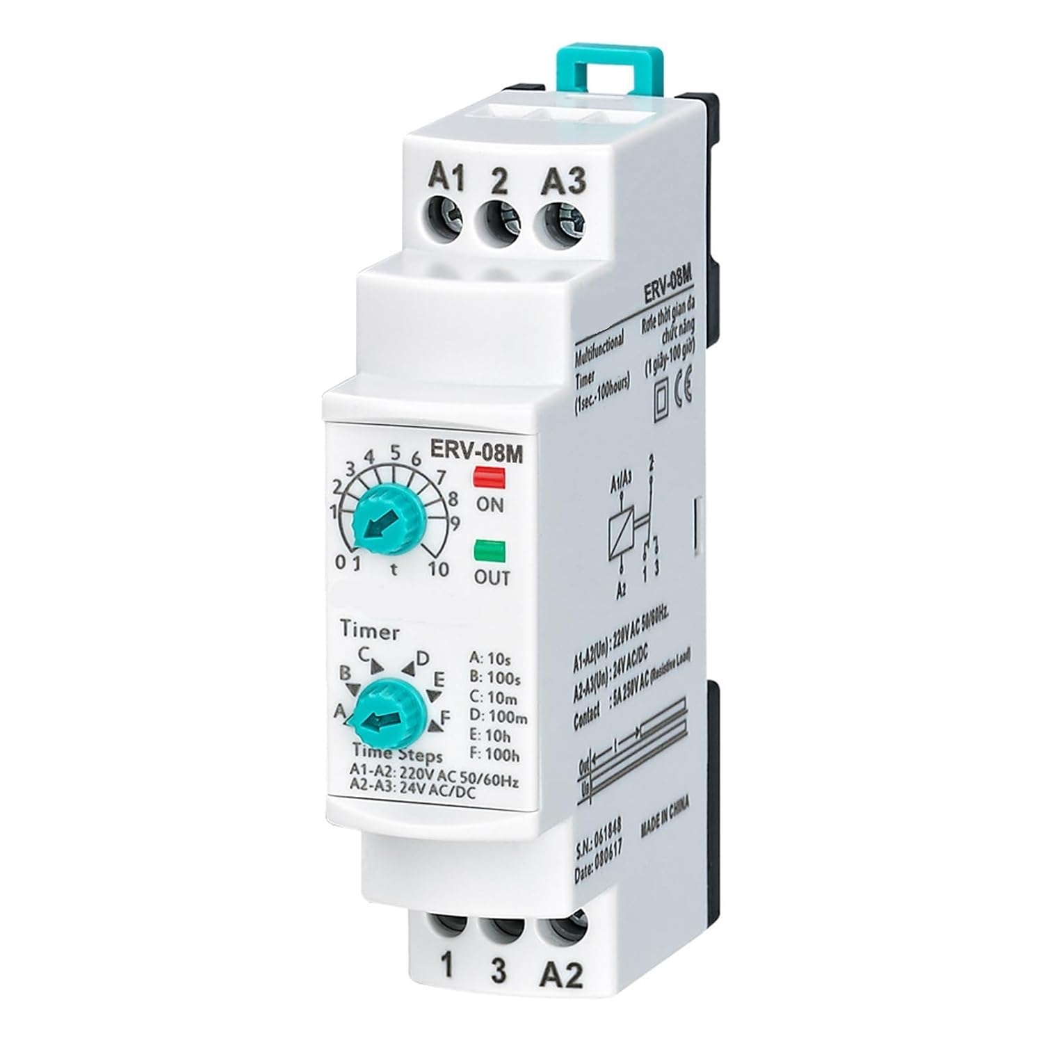 ERV-08M Off Delay Multifunctional Time Relay Electronic Adjustable (0,1sec. - 100 Hours.)(110VAC 24VDC)