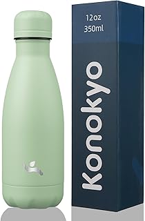 Botellas de agua aisladas Konokyo, de 355 mL, de doble pared, de acero inoxidable, de metal, al vacío, con tapa para deportes y viajes, color verde macarrón