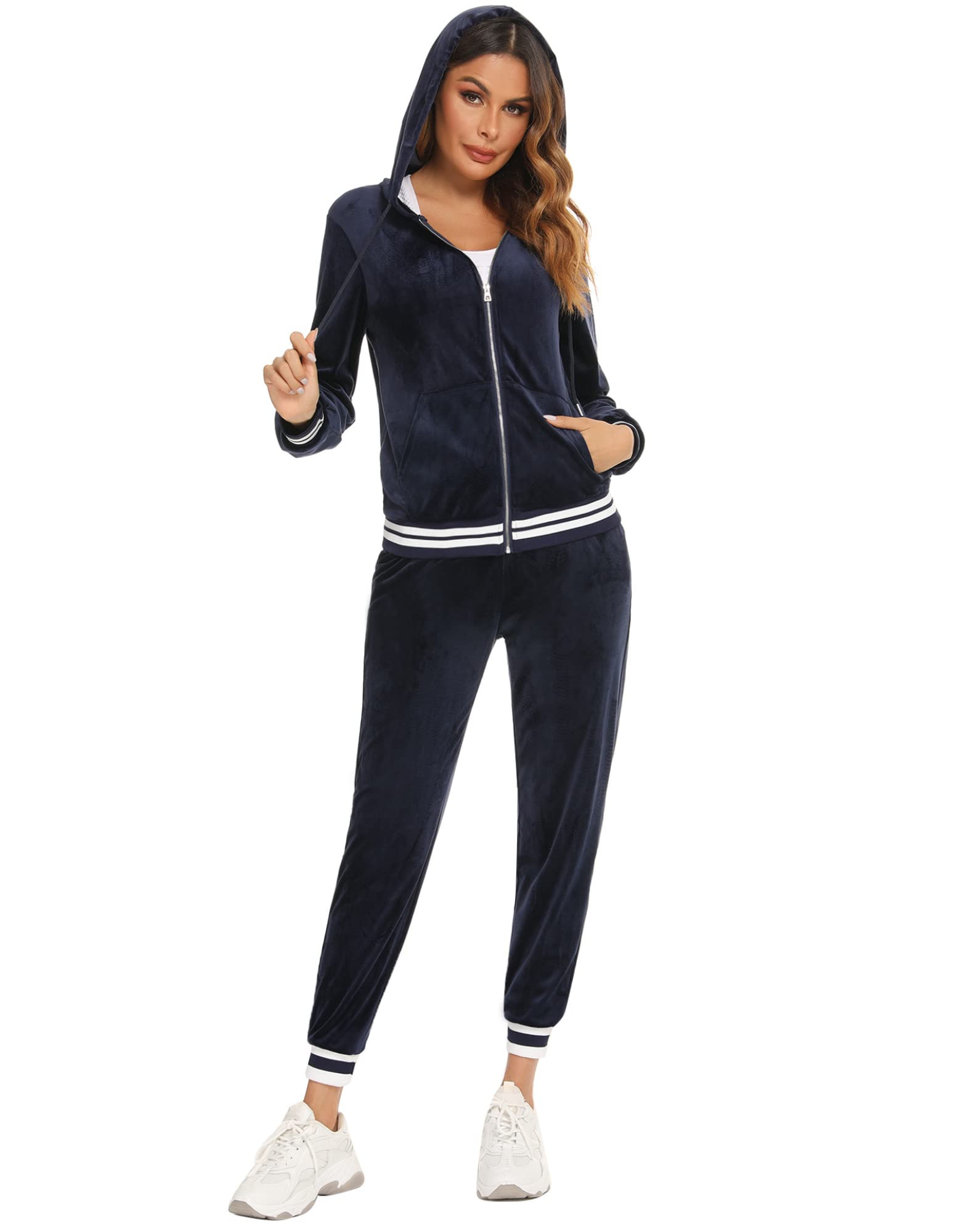 Survêtement Ensemble Velours Femme à Capuche Zippés Sportswear Sweat Manche Longue Pantalon Jogging Tennis Gym Yoga Vêtements de Fitness