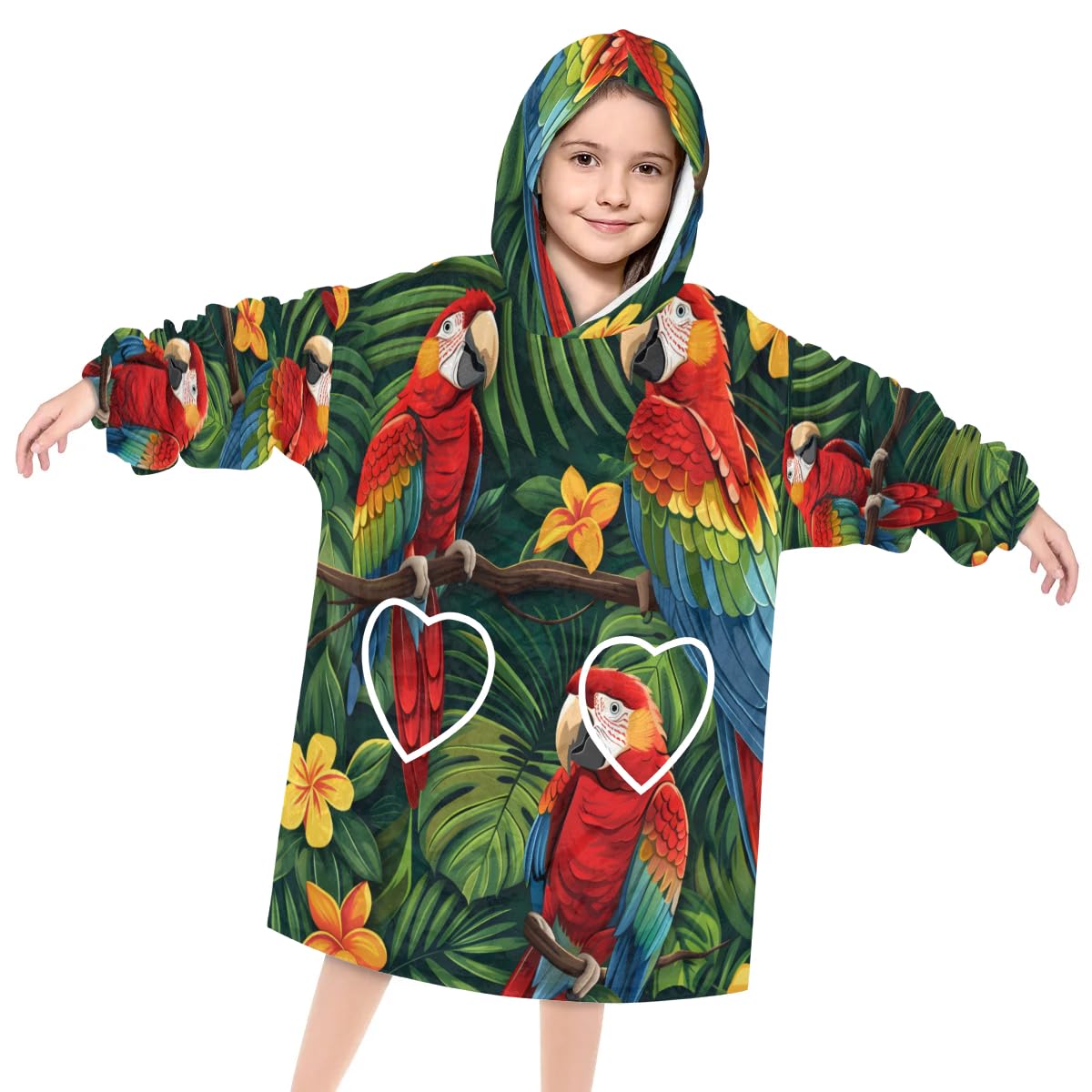 Wearable Blanket Hoodie for Kids, Charming Parrot Fleece Sweatshirt Blanket Oversized Blanket Sweatshirt with Pocket Flannel Warm Hooded Blanket 6-10 Year Old Girl Boy Gift, One Size