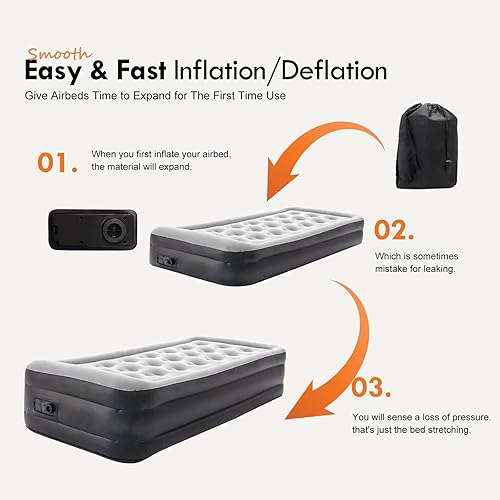Miniatura 5 de DIMAR GARDEN Colchón de aire de tamaño individual con bomba incorporada, colchón inflable flocado de 18.5 pulgadas para el hogar, colchón inflable
