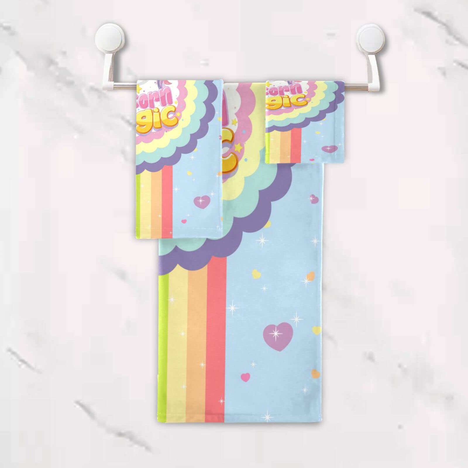 Arcoíris Unicornios Magia Lindas Juego de Toallas para Baño Playa 100% Algodón de Piscina Toalla (1 Toalla de Baño y 1 Toalla de Mano y 1 Paño de Lavado) para Nadar Hotel Niñas Niños Niños