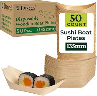 Dtocs 5 inch Wooden Food Boat Plates (50 Pcs) | 135mm Sushi Plates