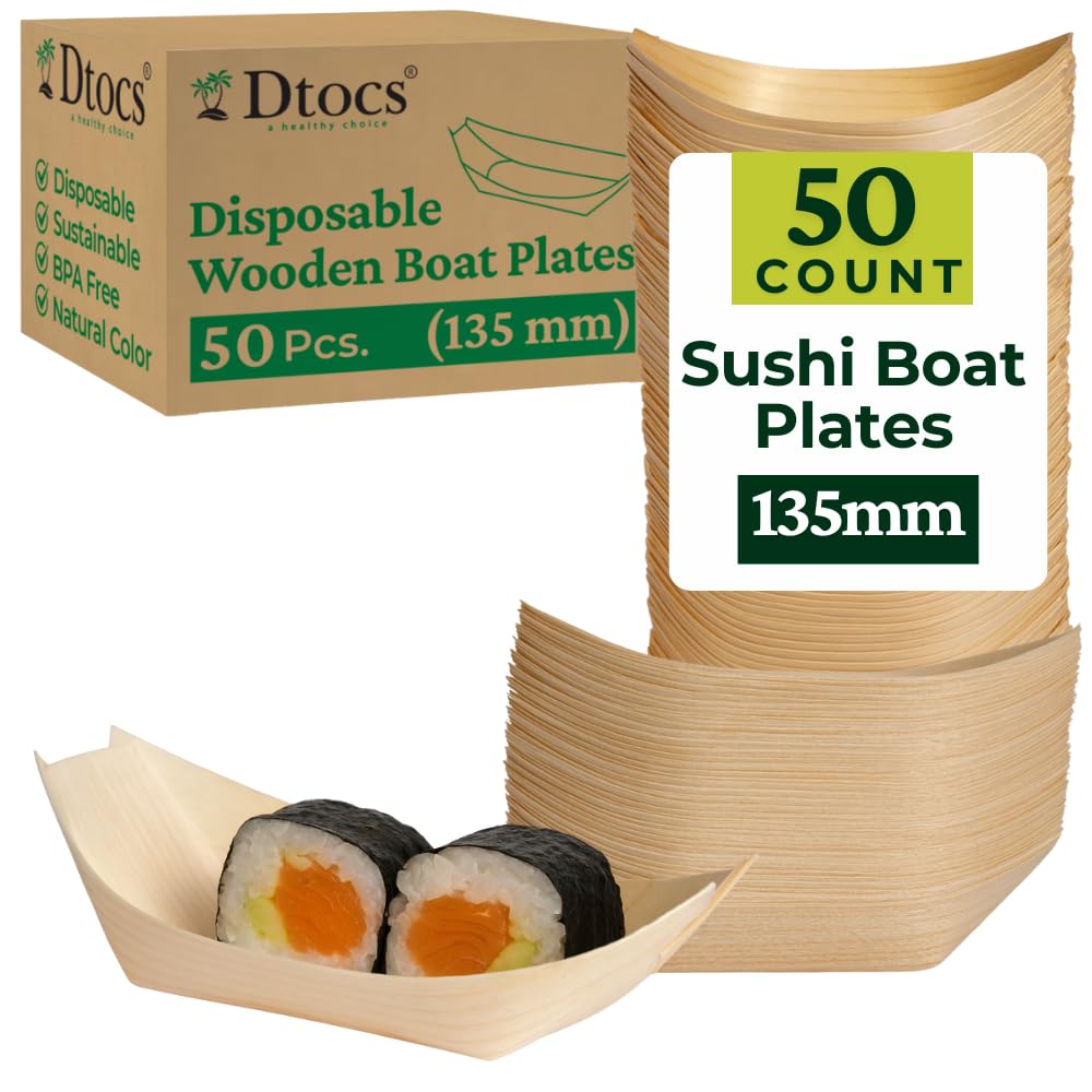 Dtocs 135mm Disposable Wooden Boat Plates 50 Pcs. Biodegradable Wood Serving Boats | Eco-Friendly Food Boats for Sushi, Desserts, Appetizers, Snacks |
