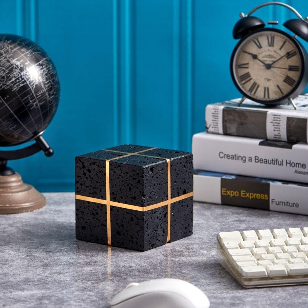 Danube Home Abriz Cube Table Deco | Resin Figurines | Modern Sculptures Tabletop Decor | For Home, Office, Living Room | L 11 X W 11 X H 11 Cm - Black