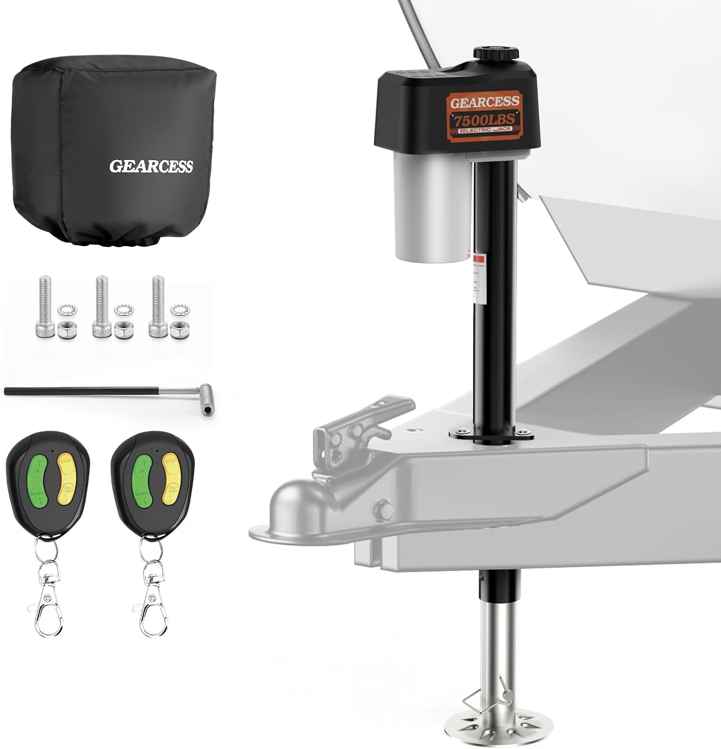 Upgraded 7500LBS Electric Trailer Jack, w/Remote Controls, RV Power A-Frame Tongue Jack with Built-in Spirit Level for Travel Trailer, 10.24"-33.46" IP65 Waterproof, 12V DC Wiring, 5.9 Inch Foot Pad