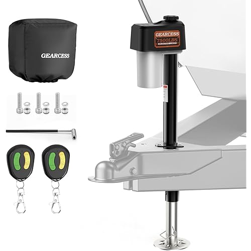 Upgraded 7500LBS Electric Trailer Jack, w/Remote Controls, RV Power A-Frame Tongue Jack with Built-in Spirit Level for Travel Trailer, 10.24"-33.46" IP65 Waterproof, 12V DC Wiring, 5.9 Inch Foot Pad