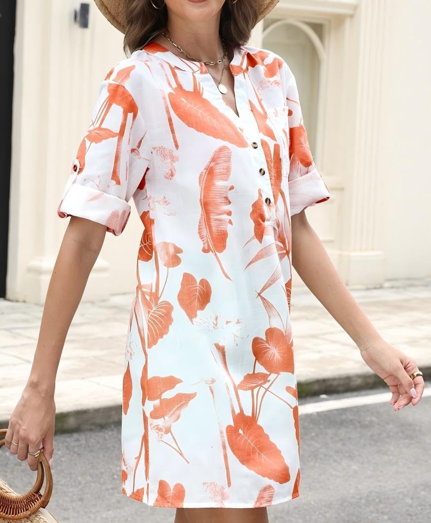 Summer Blouses For Women Tunic Top to Wear With Leggings Leaf And Floral V Neck Short Sleeve Button Casual Shirt - Image 5