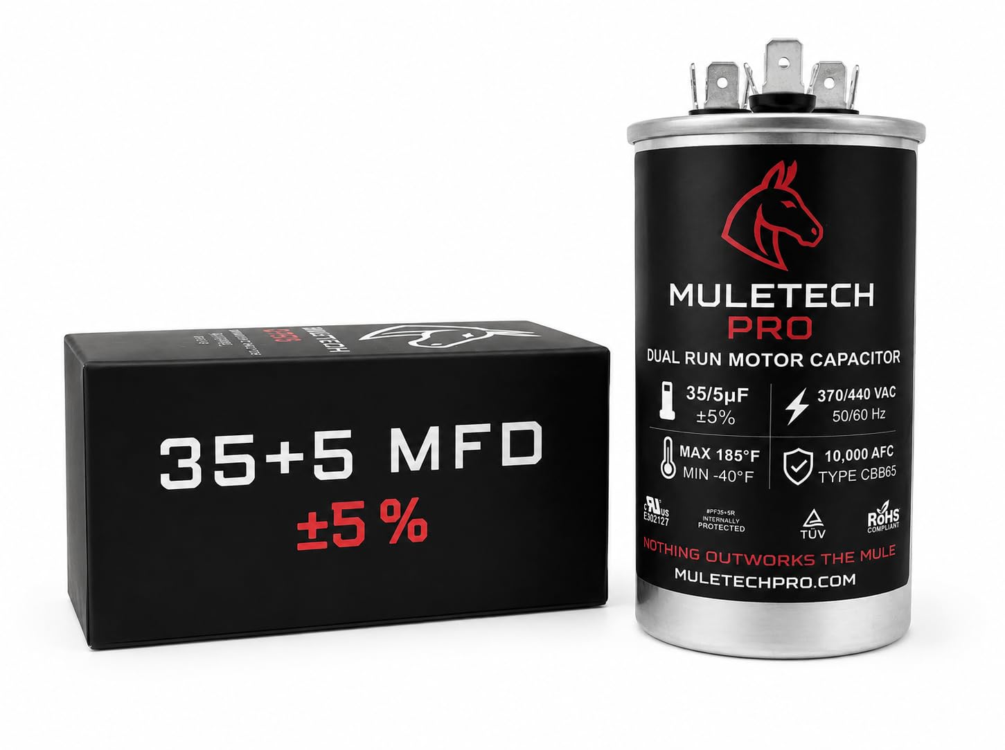 35/5 MFD Dual Run Capacitor by MuleTech Pro - 370/440 Volt Type CBB65 Industrial Grade Dual Run Capacitor for HVAC Systems, Air Conditioners & Heat Pumps - Residential and Commercial Use