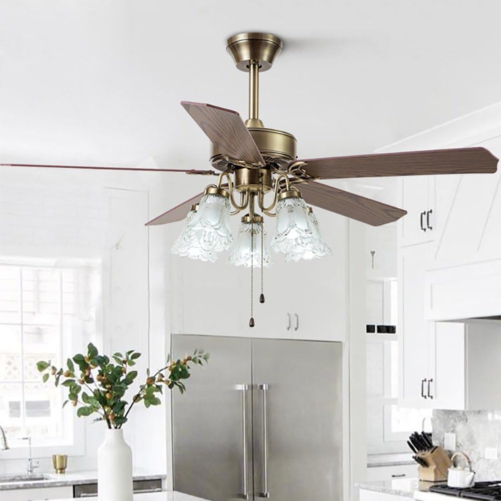 YUEGOO Ceiling Fans with Lamps,Antique Bronze Ceiling Fan Light Restaurant Living Room Study Home with Light Fan/48 inch Wood Leaf(Wall Control)
