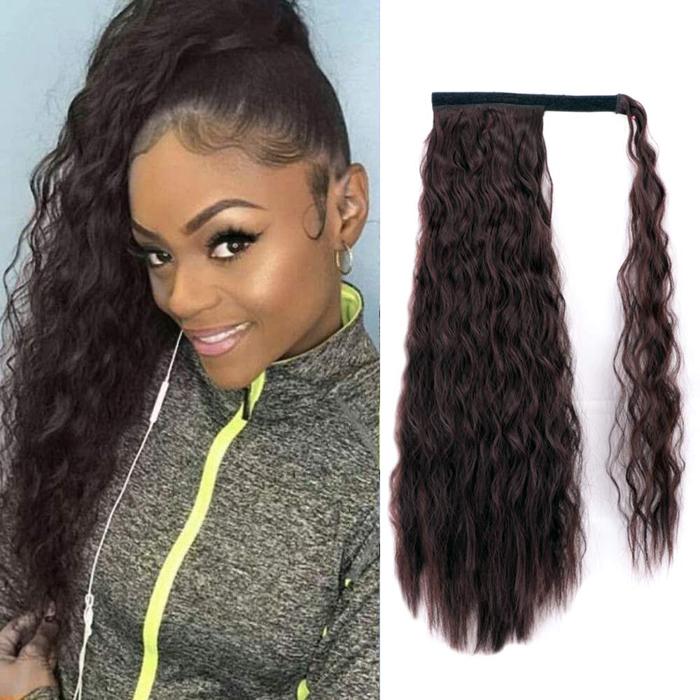 22 Inch Ponytail Extension Wavy Curly Hair Extension Magic Paste Ponytail Heat Resistant Wavy Curly Synthetic Wrap Around Ponytail For Women (2/33#)