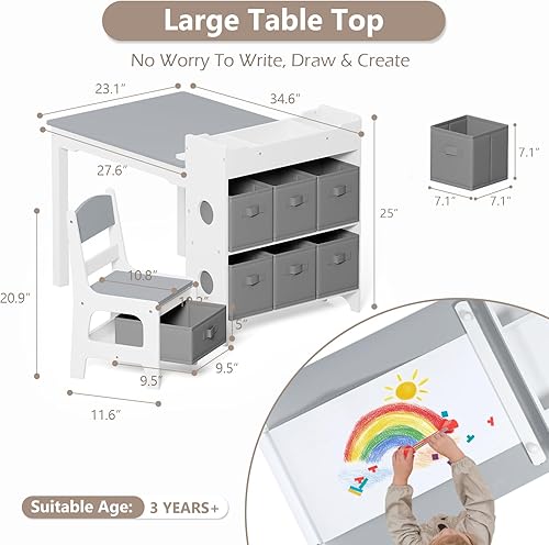 Miniatura 7 de Kinder King Juego de mesa de arte y silla de caballete para niños, mesa de actividades de madera 3 en 1, 6 contenedores de almacenamiento, rollo de