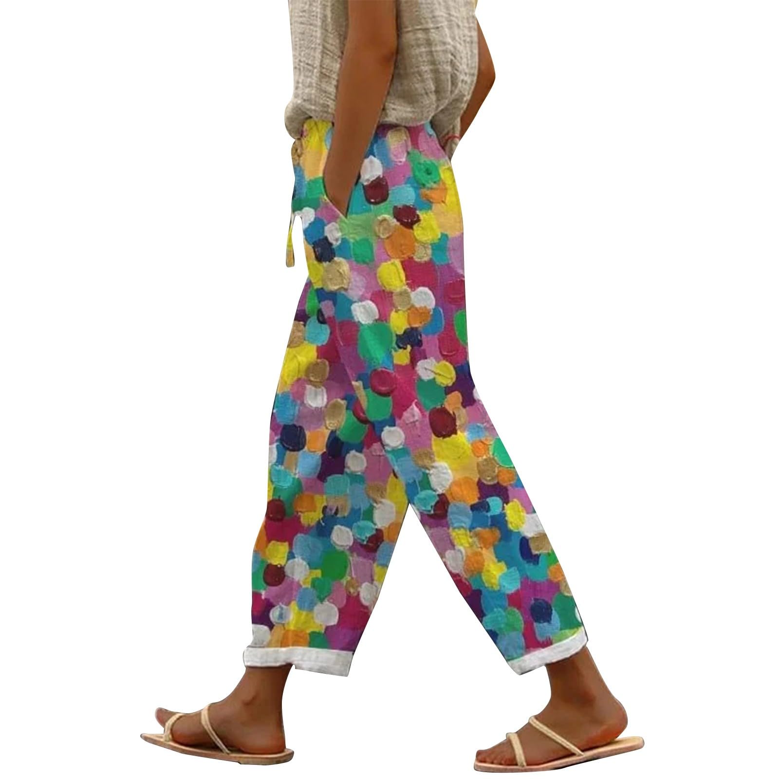 MJGkhiy Pantalon Lin Femme Long Élégant Pantalon de Plage Grande Taille Élastique Pantalon Large Décontracté Taille Haute Pantalon Jambe Large Léger Confortable Pantalon avec Poches