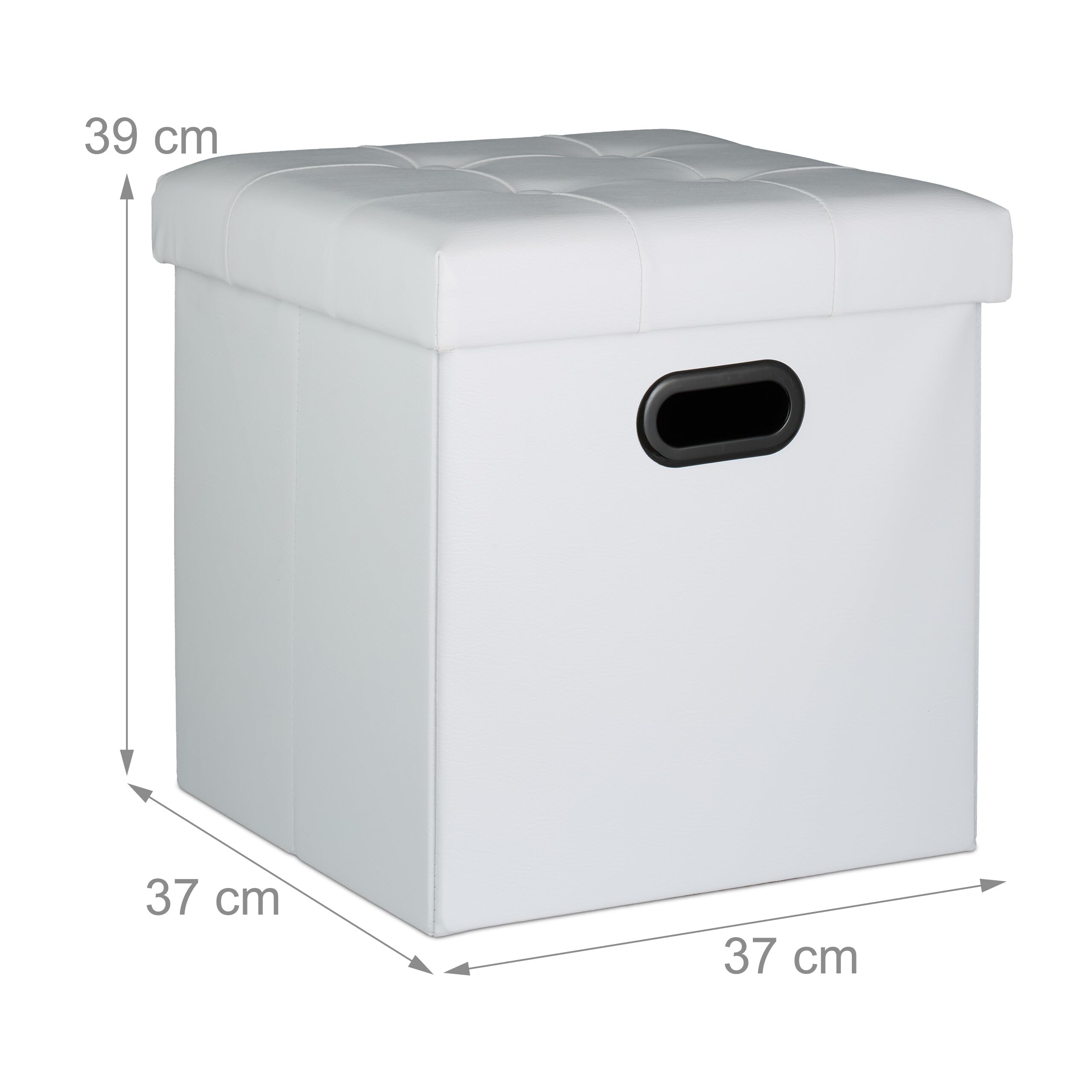 Relaxdays Pouf Contenitore, Sgabello Pieghevole Pelle Finta, Poggiapiedi Imbottito con Coperchio, HLP 39x37x37cm, Bianco