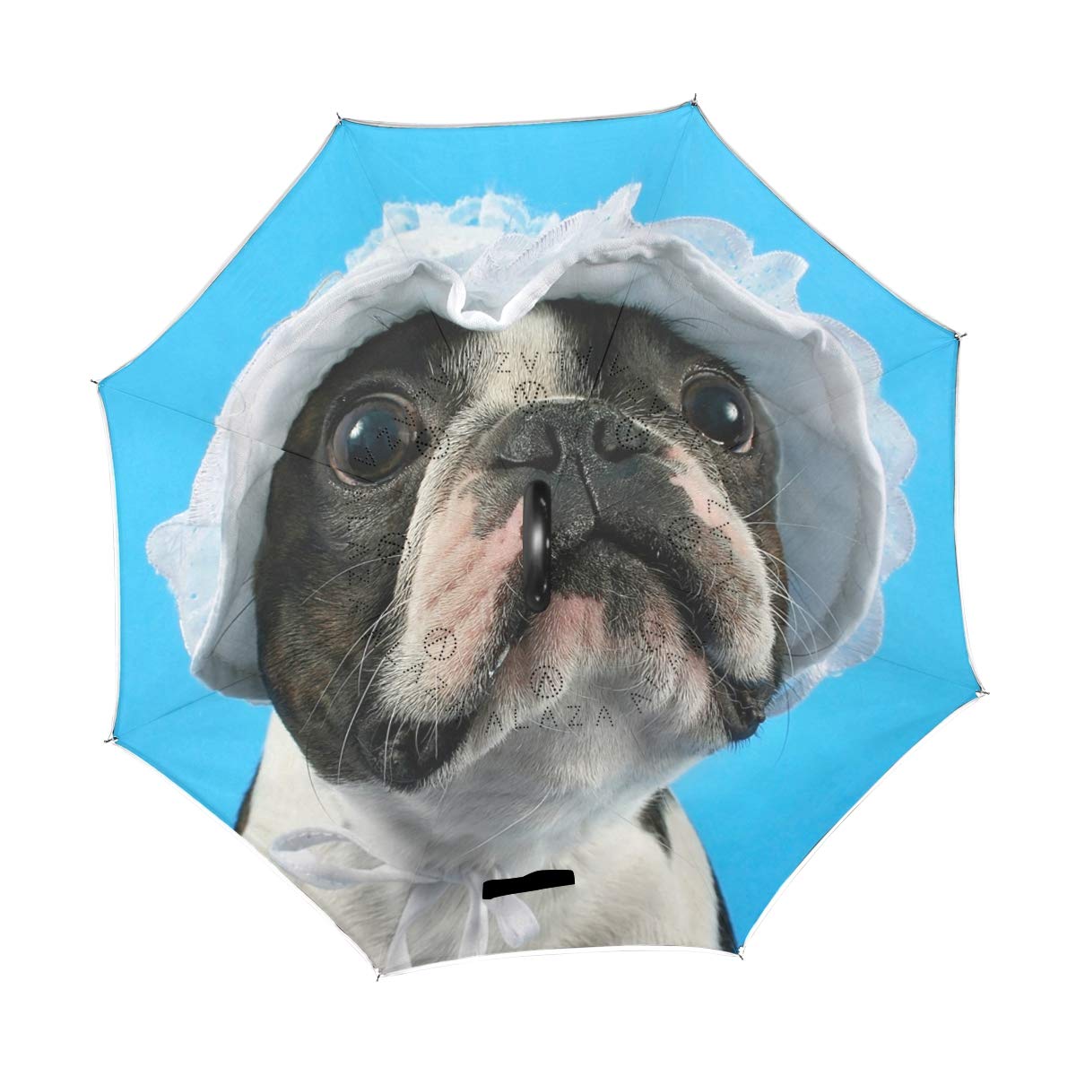 hengpai Dogs Boston Terrier White Hat Blue Reverse Inverted Inside Out Umbrella Cars Unigue Windproof UV Proof Double Layer for Women