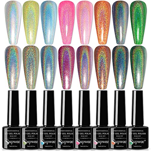 Supwee Holographic Gel Nail Polish Set Summer Colors Shimmer Laser Gel Polish Silver Pink Blue Green Glitter Nail Polish Gel Soak Off Uv/Led Gel Multicolored Unicorn Nail Art 8 Colors 7Ml(0.24Fl.oz) #TOP14