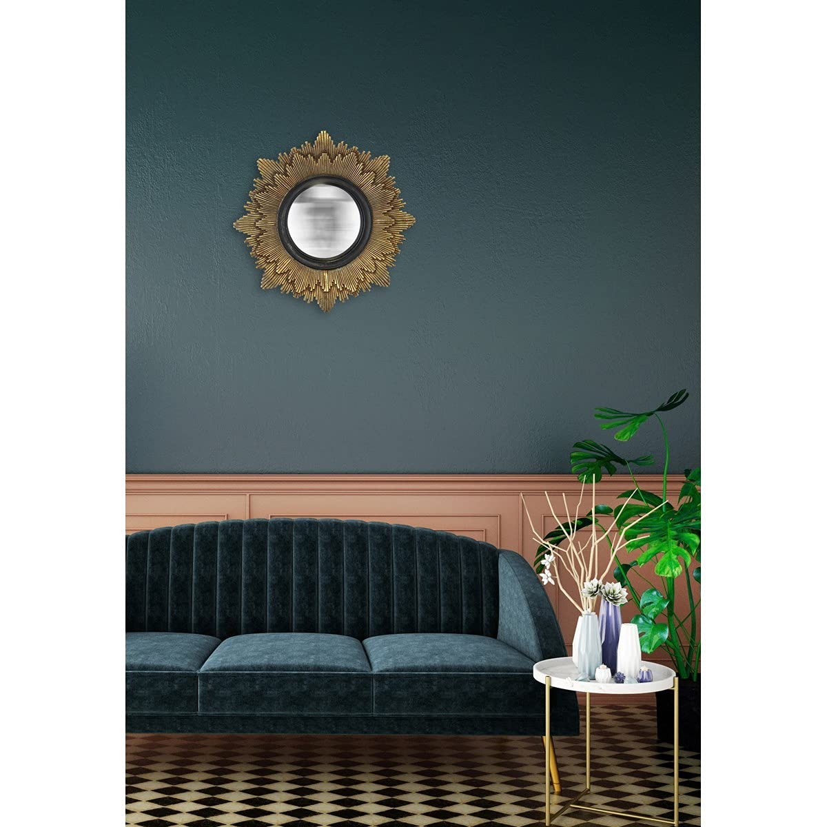 Miroir Convexe Décoratif Avec Cadre Noir Et Guirlande Dorée - Dimensions 31x27cm - Neuf
