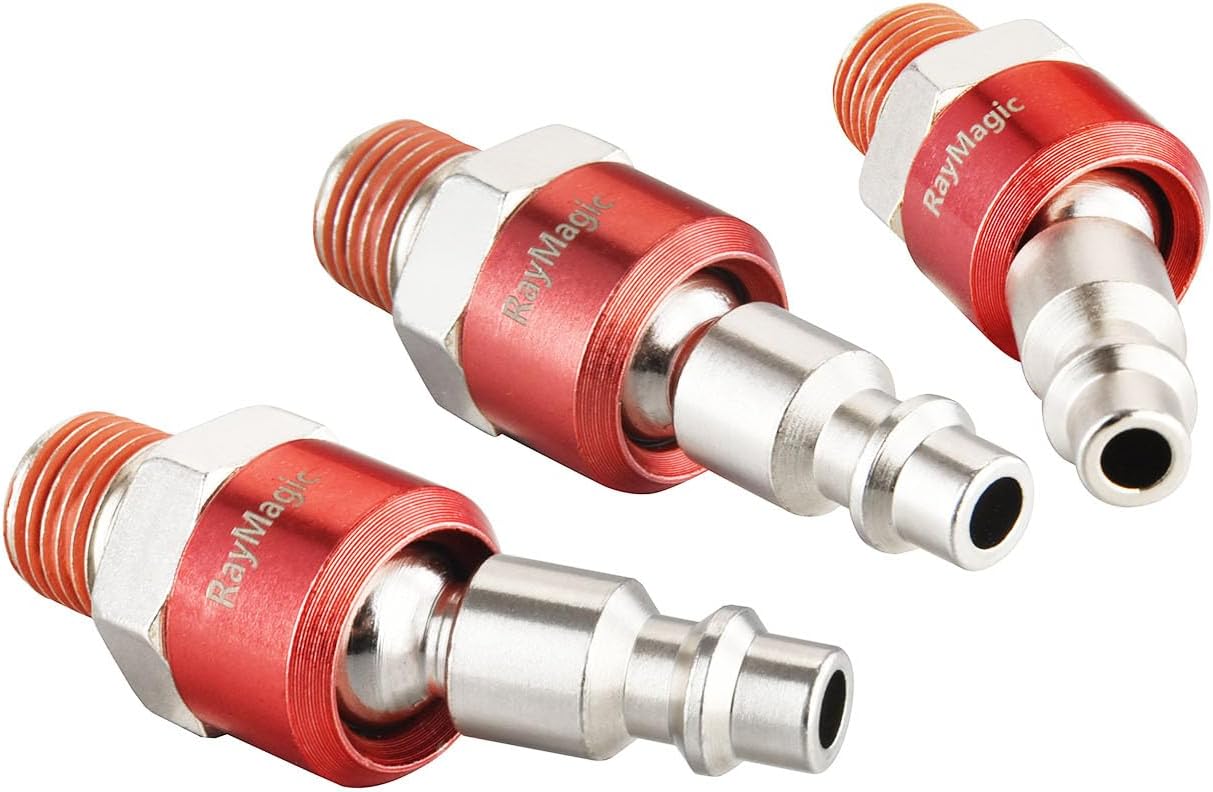 RayMagic Industrial-Grade 1/4" Swivel Air Plug, 2-Pack 360° Swivel Steel Red Electrophoresis Plug, 1/4-Inch NPT Male Pre-Coated 18-Threads, Air Hose Fittings(Red)