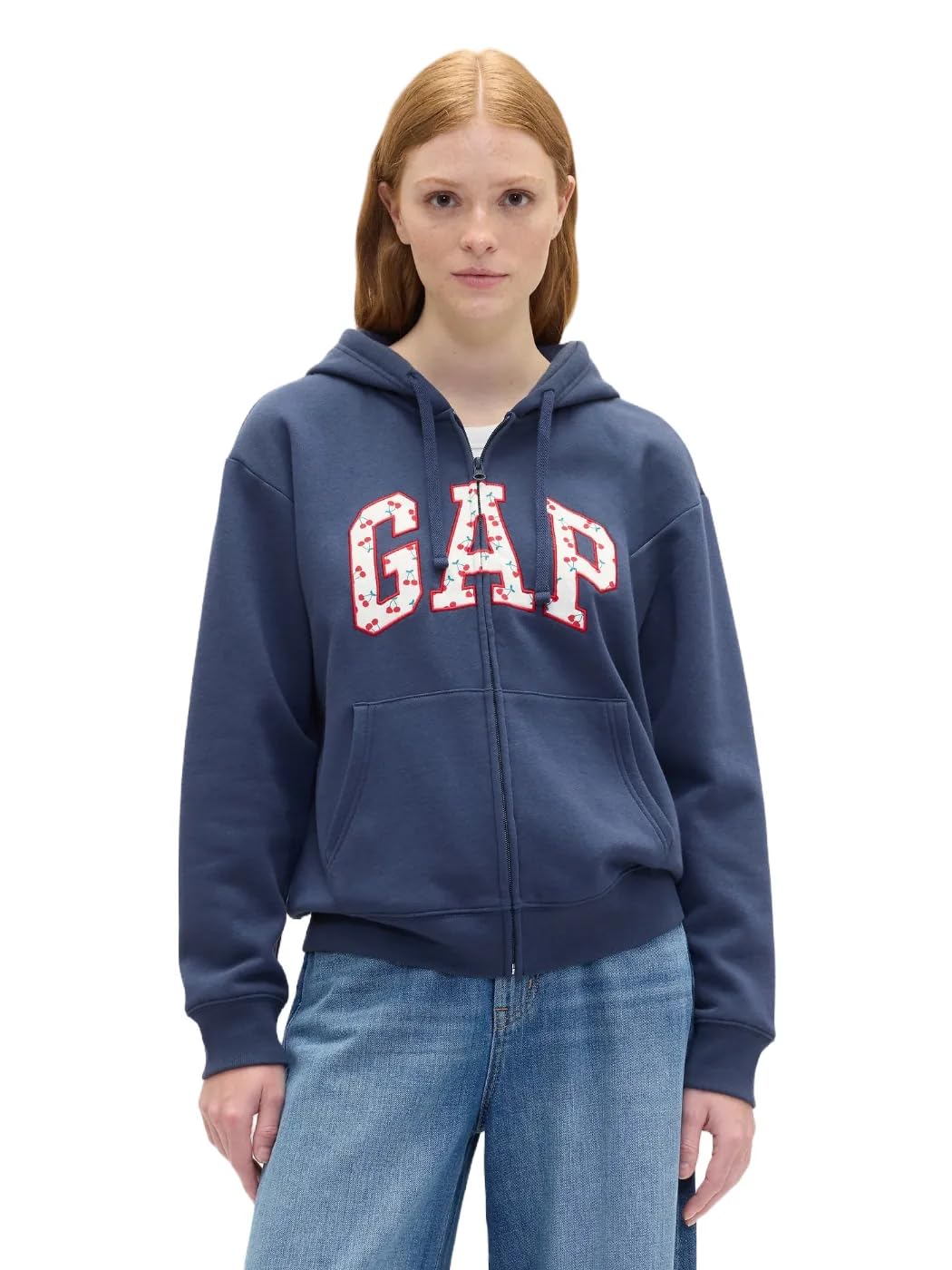 Gap Women's Navy Cherries Logo Hoodie Hooded Full Zip Sweatshirt, Medium