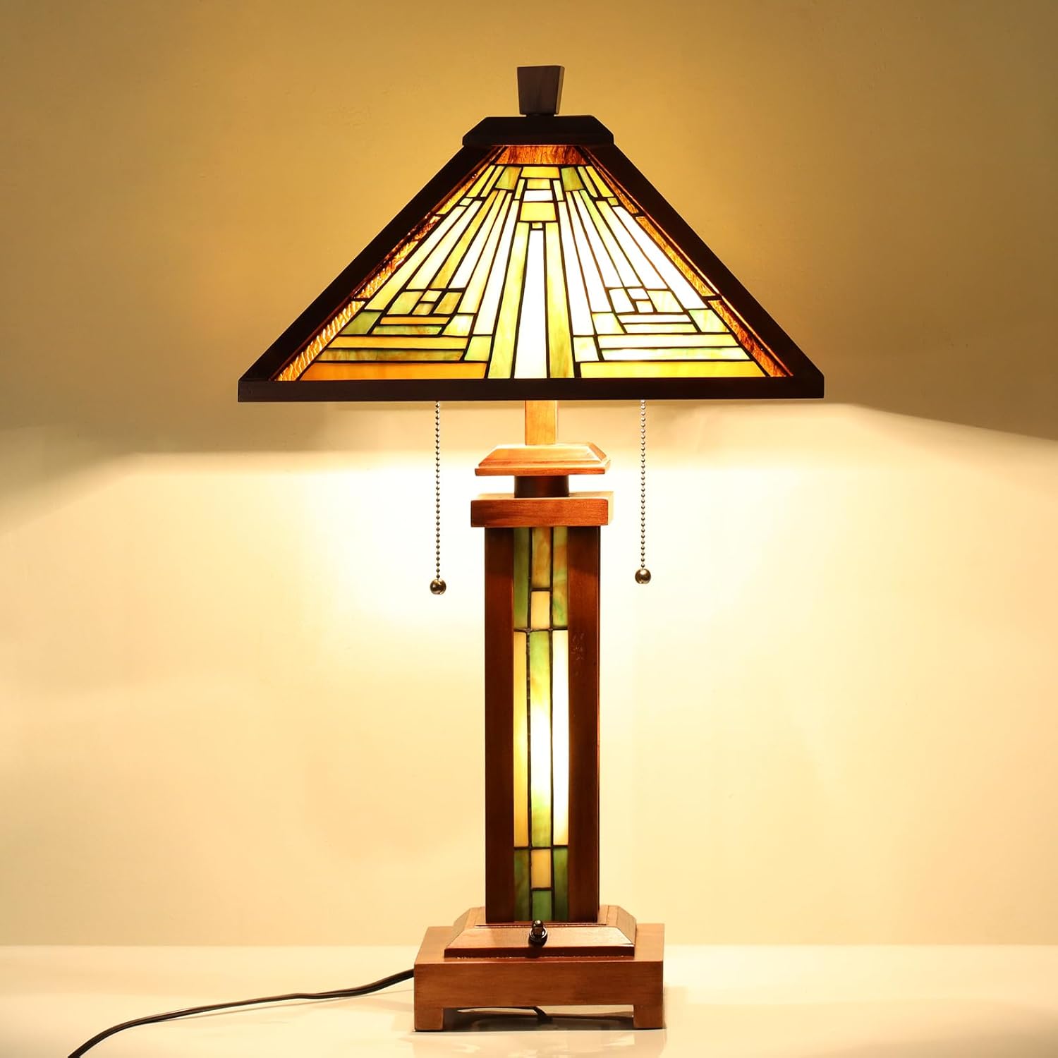 Capulina Tiffany Lamp Stained Glass Table Lamp 3-Light 15X15X26 Inches Amber Brown Wooden Base Tiffany Style Desk Lamp with Night Light Decor for Living Room Bedroom Home Office